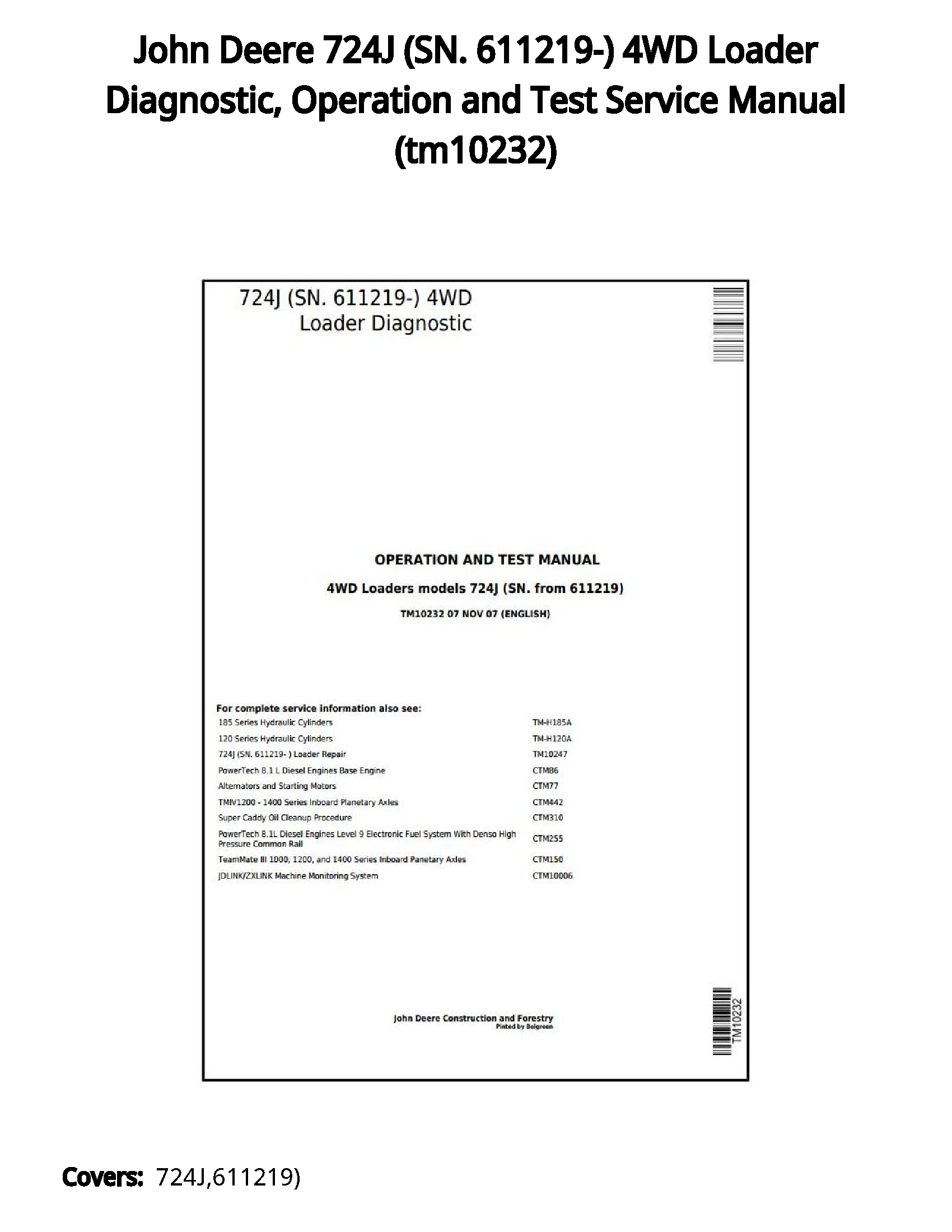 John Deere 724J (SN. 611219-) 4WD Loader Diagnostic  Operation and Test Service Manual - tm10232