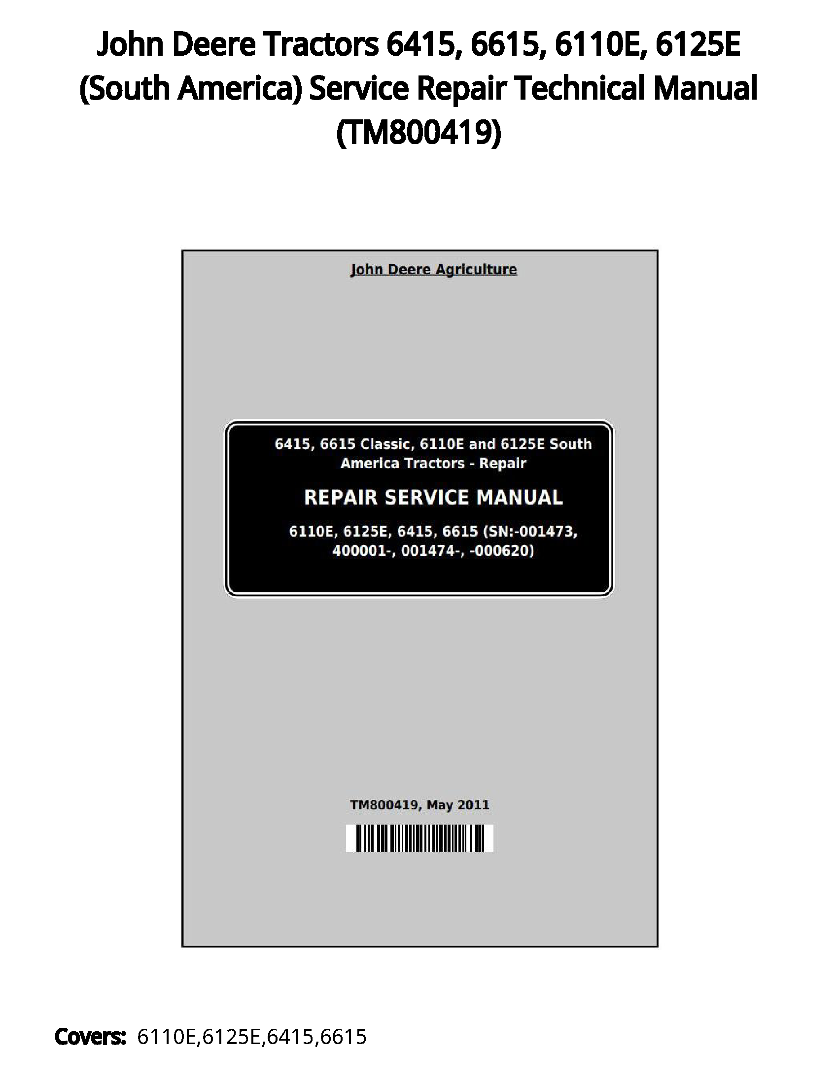 John Deere Tractors 6415  6615  6110E  6125E (South America) Service Repair Technical Manual - TM800419