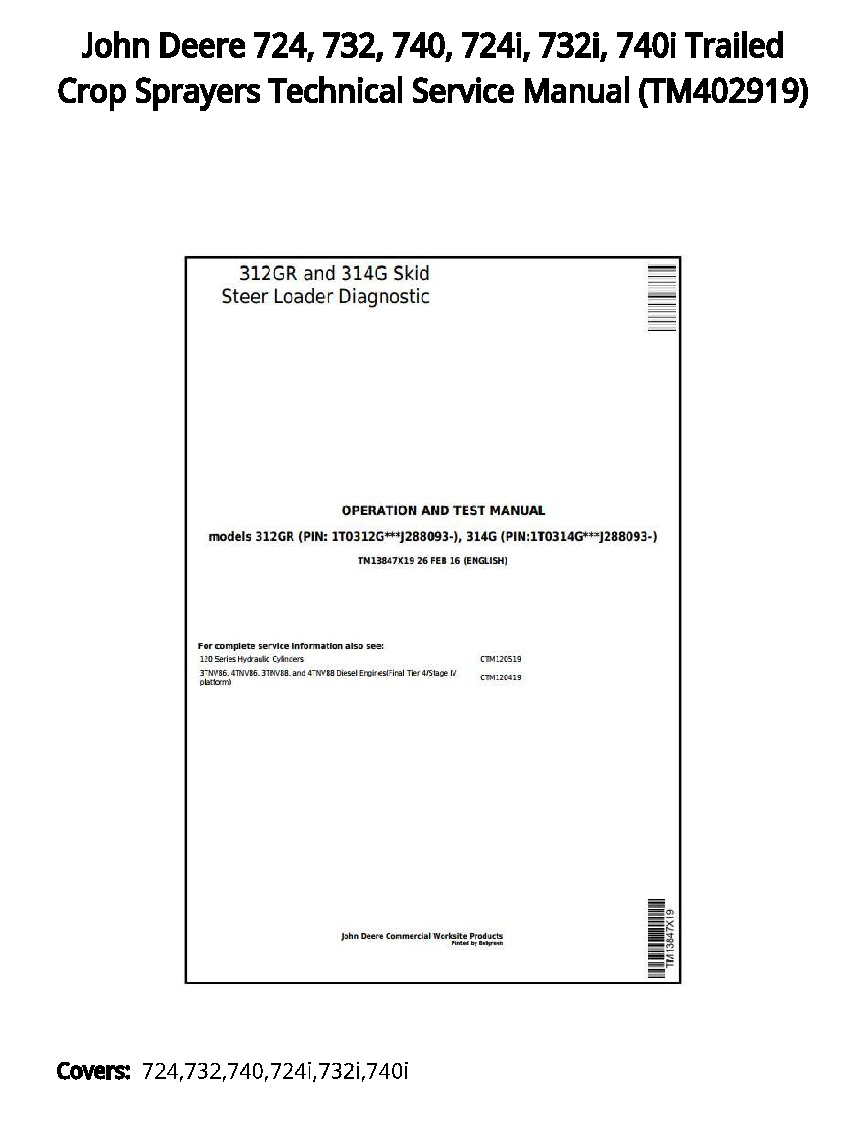 John Deere 724  732  740  724i  732i  740i Trailed Crop Sprayers Technical Service Manual - TM402919