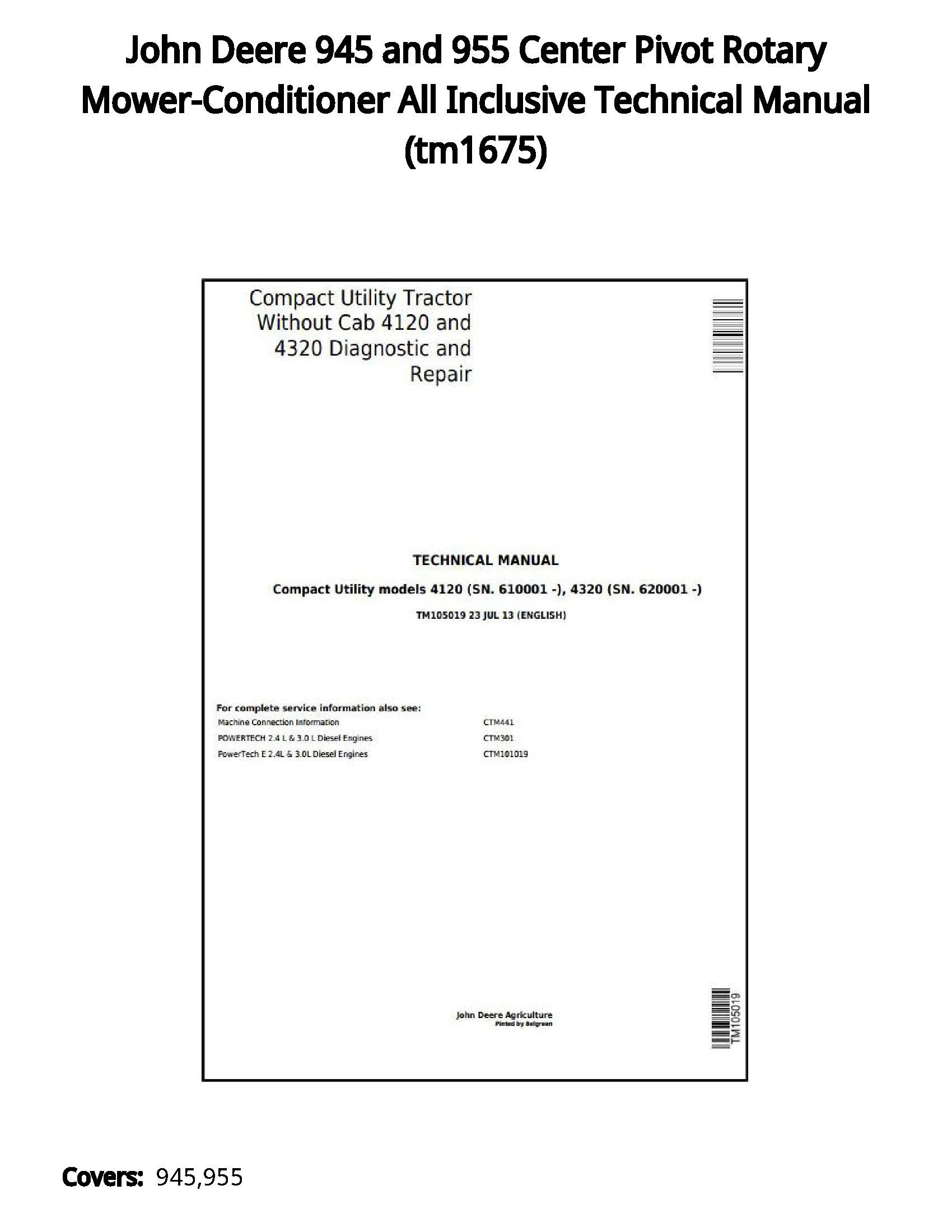 John Deere 945 and 955 Center Pivot Rotary Mower-Conditioner All Inclusive Technical Manual - tm1675