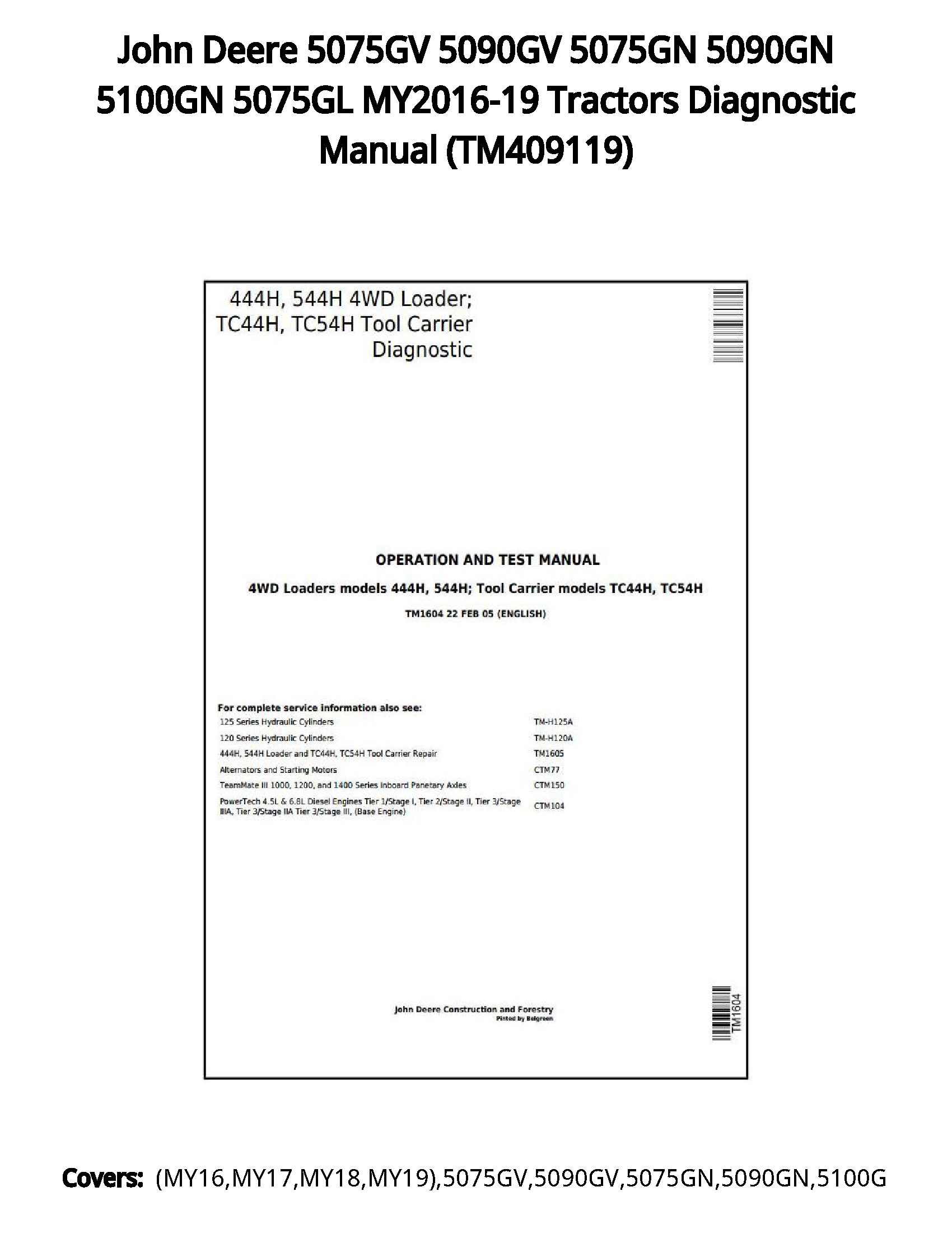 John Deere 5075GV 5090GV 5075GN 5090GN 5100GN 5075GL MY2016-19 Tractors Diagnostic Manual - TM409119