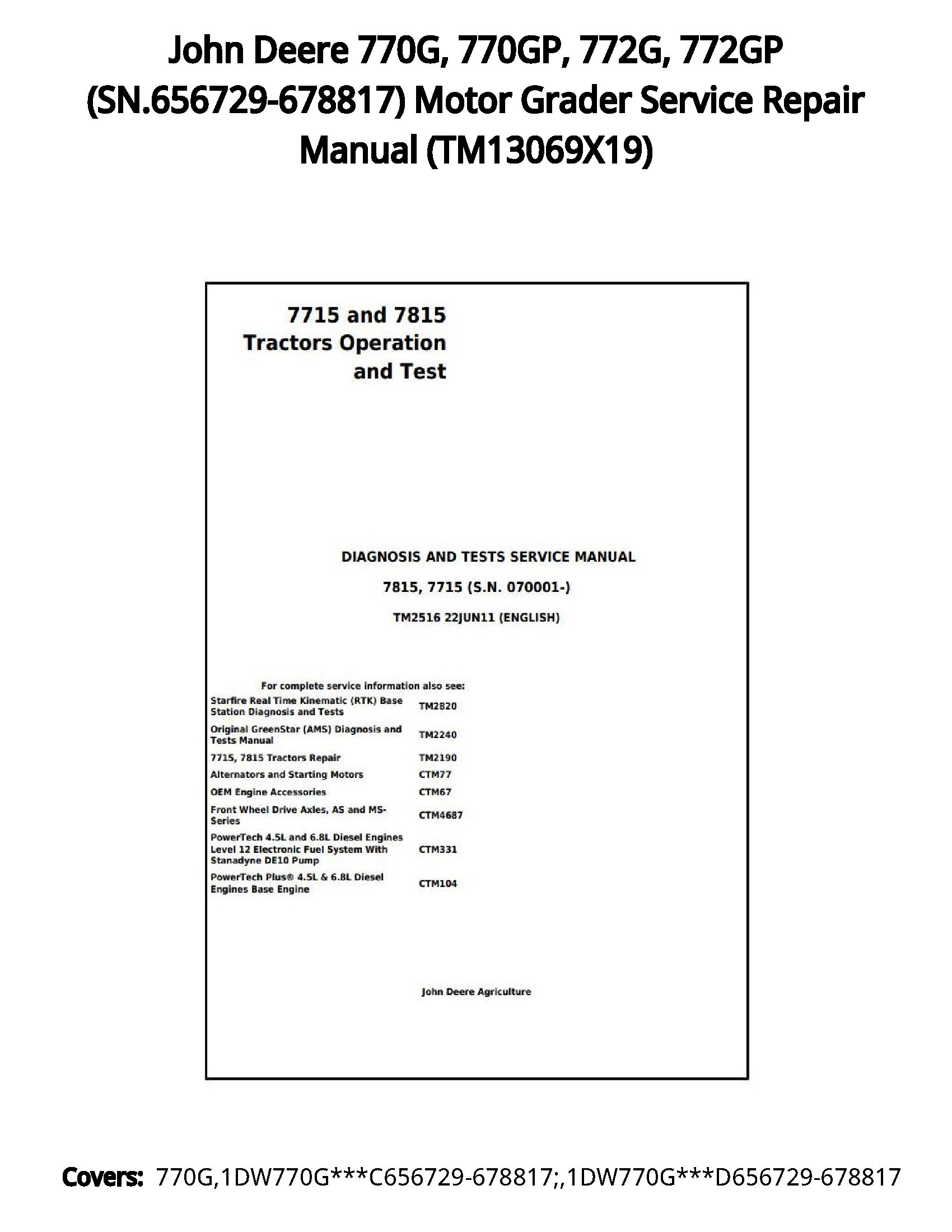 John Deere 770G  770GP  772G  772GP (SN.656729-678817) Motor Grader Service Repair Manual - TM13069X19