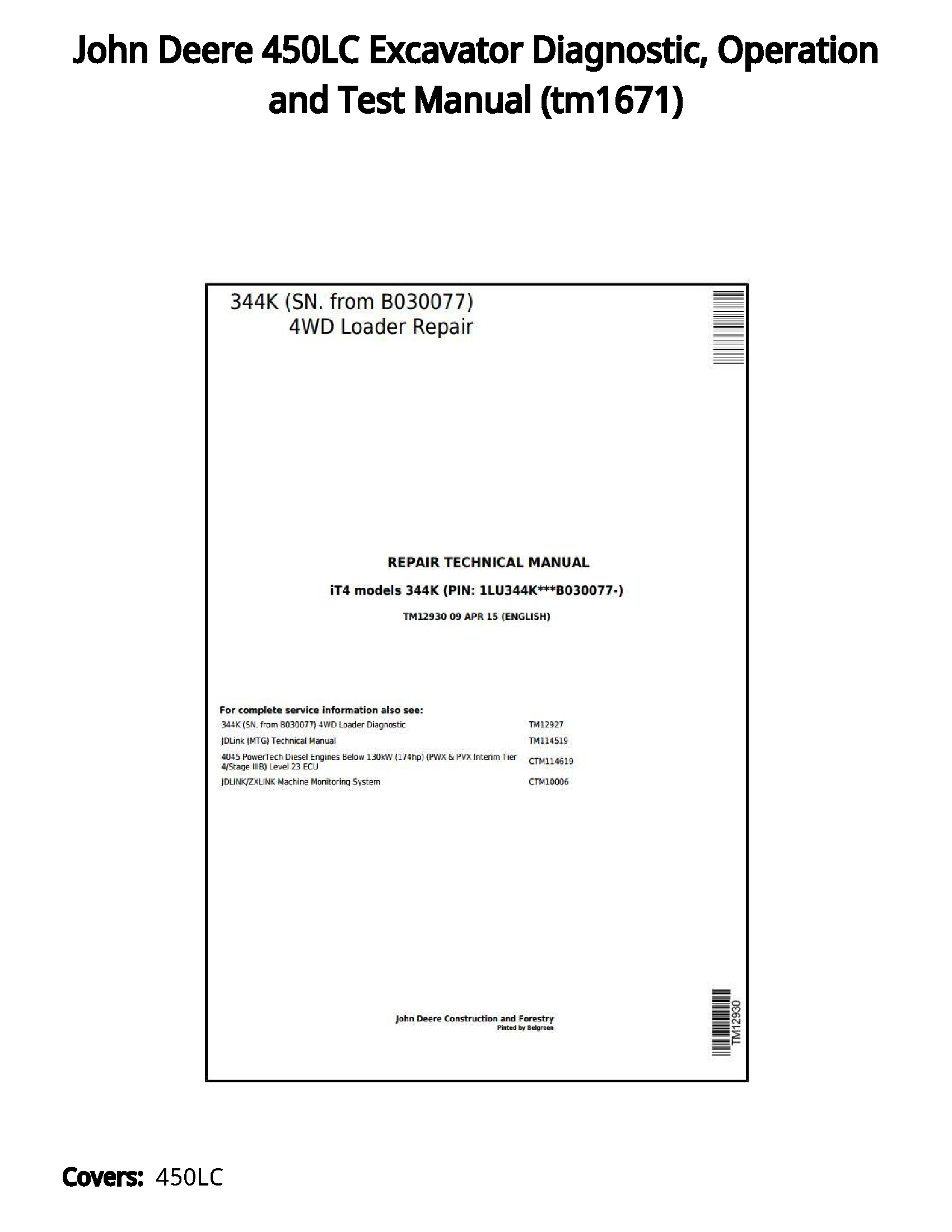 John Deere 450LC Excavator Diagnostic  Operation and Test Manual - tm1671