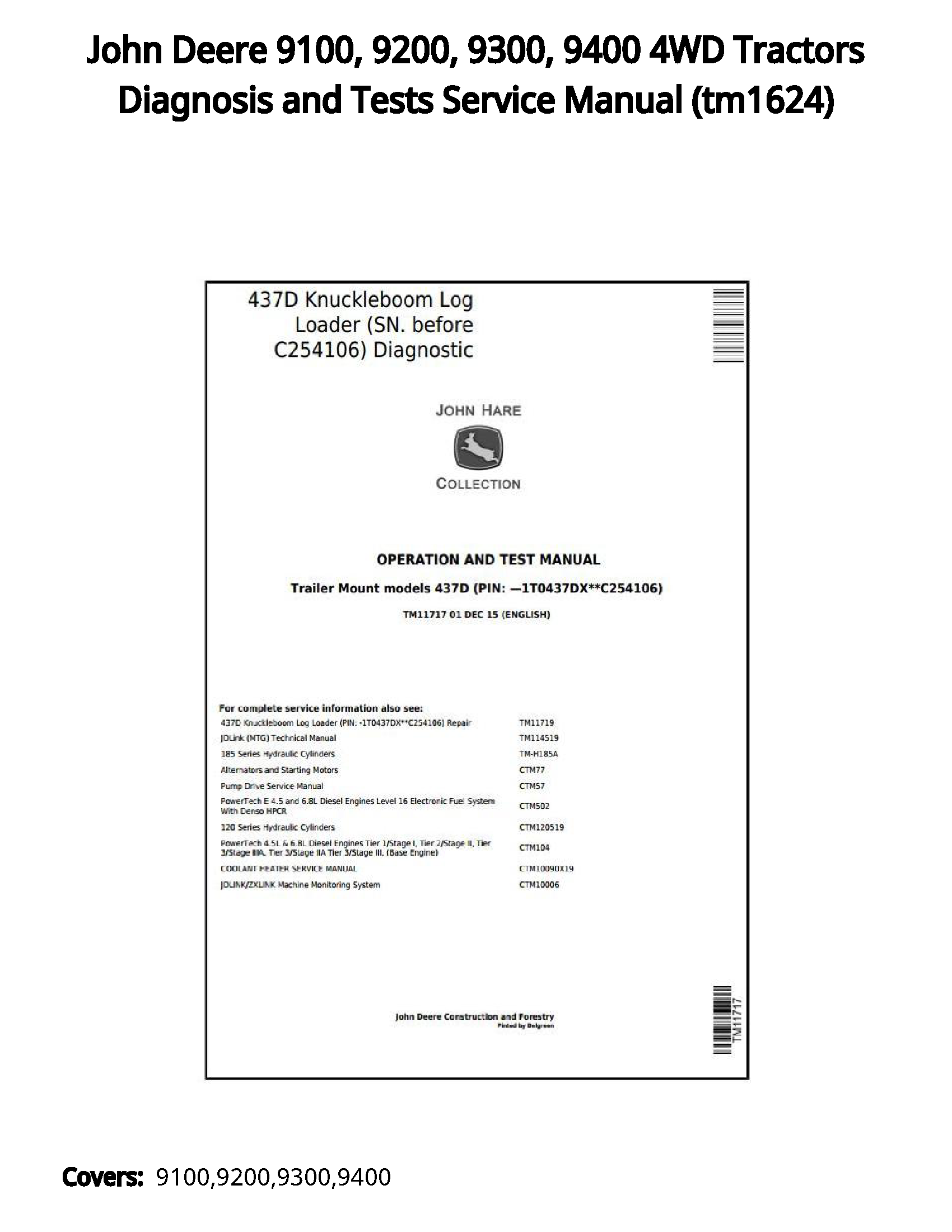 John Deere 9100  9200  9300  9400 4WD Tractors Diagnosis and Tests Service Manual - tm1624