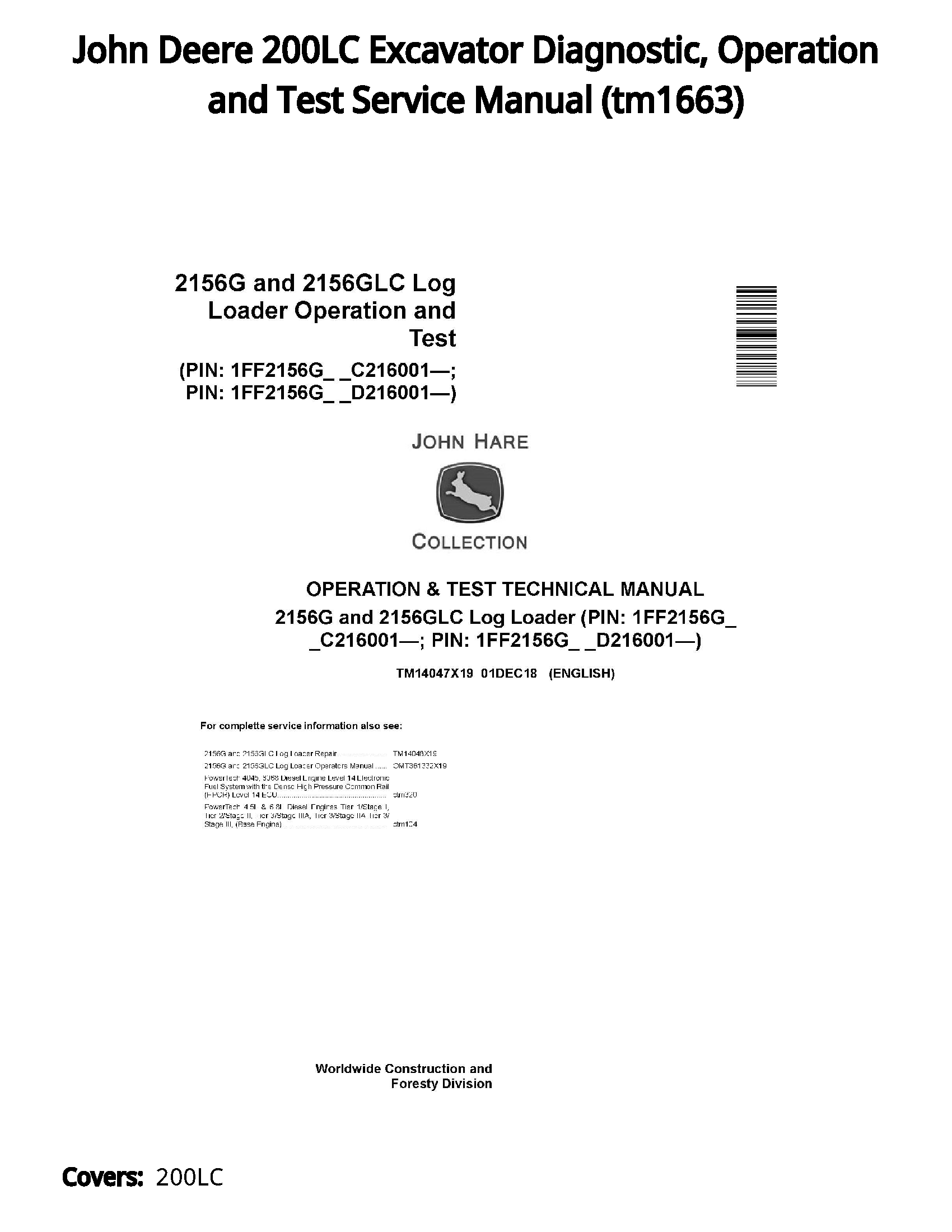 John Deere 200LC Excavator Diagnostic  Operation and Test Service Manual - tm1663