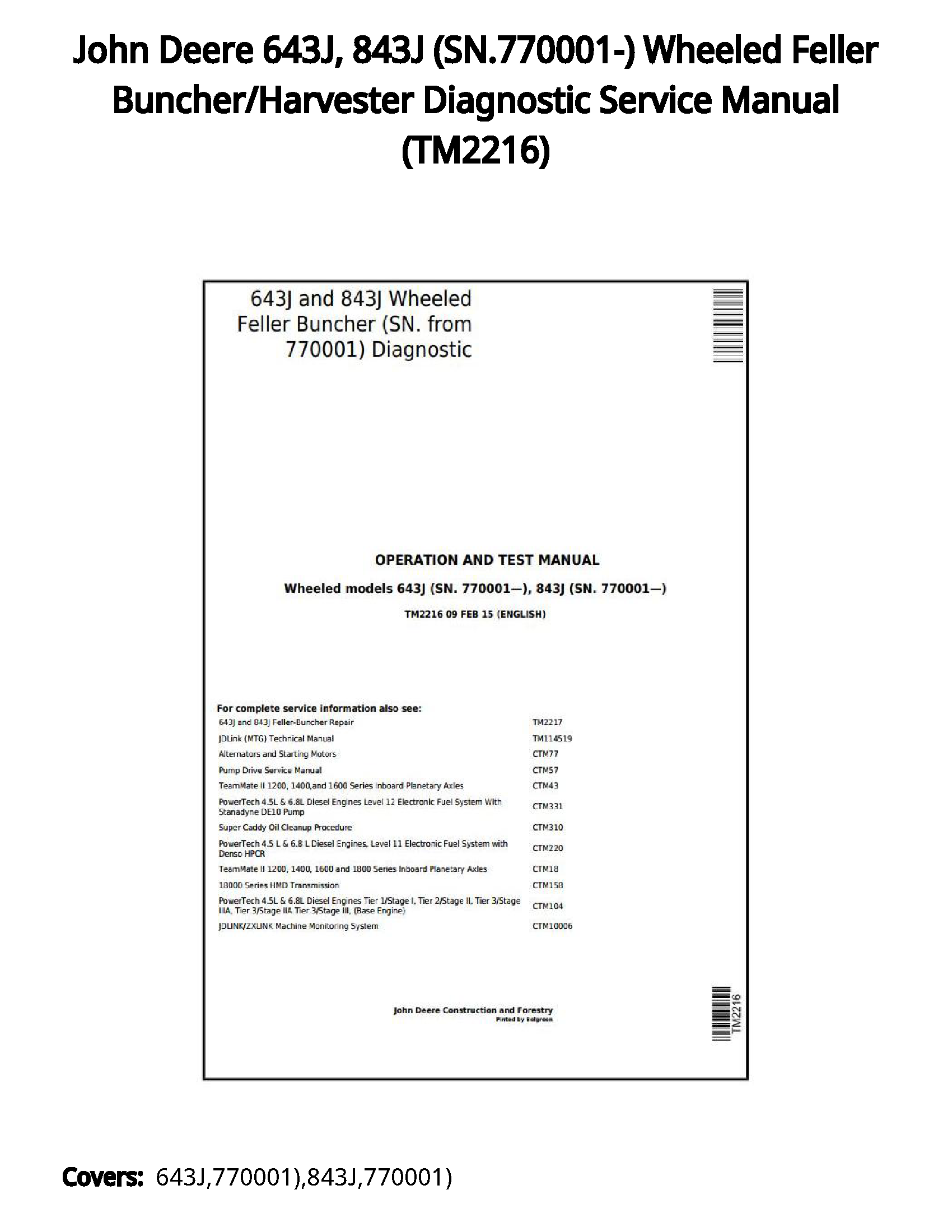 John Deere 643J  843J (SN.770001-) Wheeled Feller Buncher/Harvester Diagnostic Service Manual - TM2216