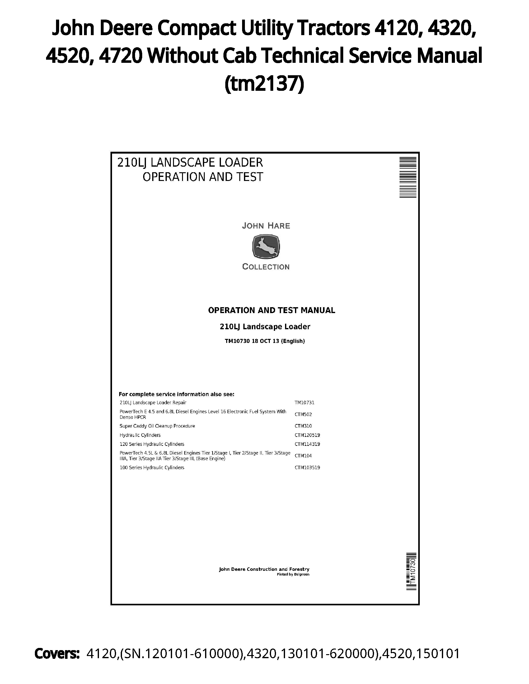 John Deere Compact Utility Tractors 4120  4320  4520  4720 Without Cab Technical Service Manual - tm2137