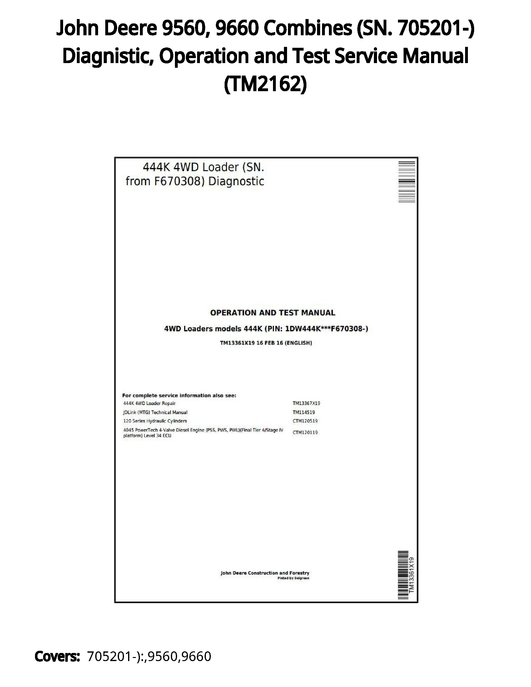 John Deere 9560  9660 Combines (SN. 705201-) Diagnistic  Operation and Test Service Manual - TM2162