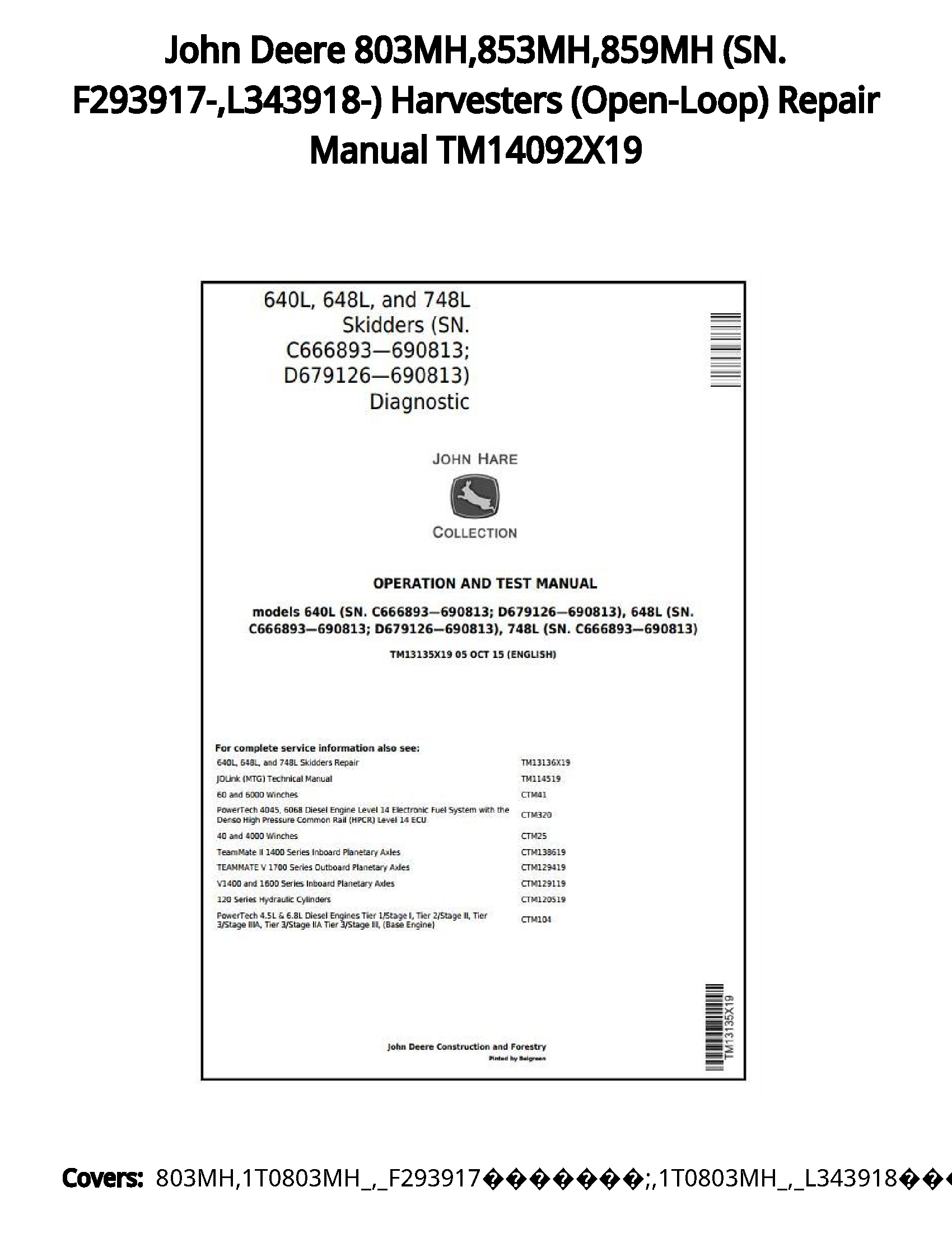 John Deere 803MH 853MH 859MH (SN. F293917- L343918-) Harvesters (Open-Loop) Repair Manual TM14092X19