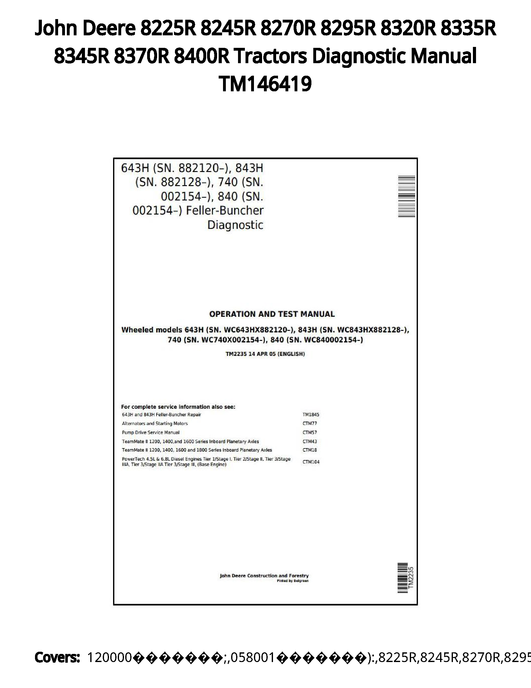 John Deere 8225R 8245R 8270R 8295R 8320R 8335R 8345R 8370R 8400R Tractors Diagnostic Manual TM146419