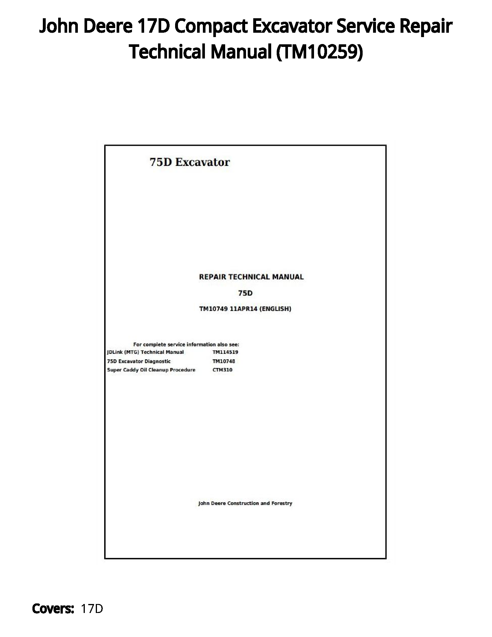 John Deere 17D Compact Excavator Service Repair Technical Manual - TM10259