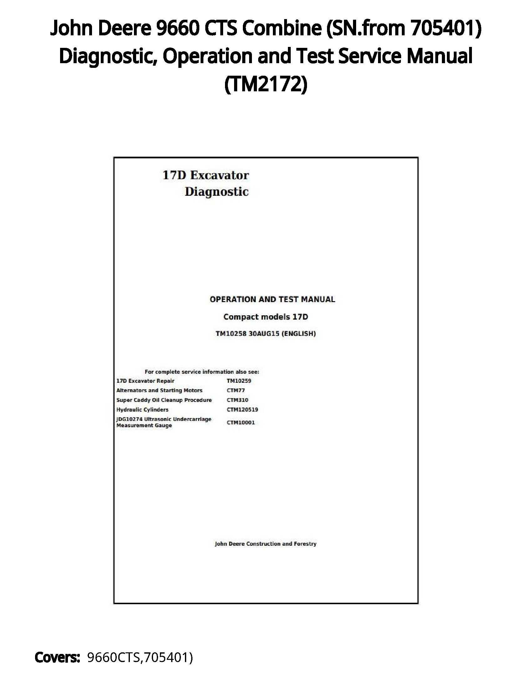 John Deere 9660 CTS Combine (SN.from 705401) Diagnostic  Operation and Test Service Manual - TM2172