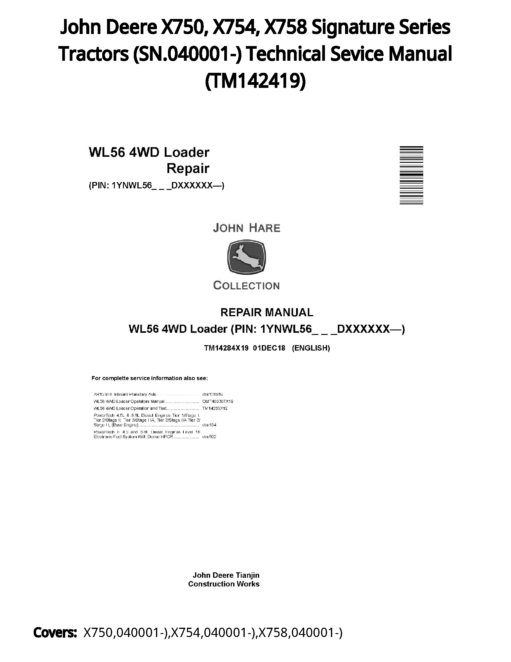 John Deere X750  X754  X758 Signature Series Tractors (SN.040001-) Technical Sevice Manual - TM142419