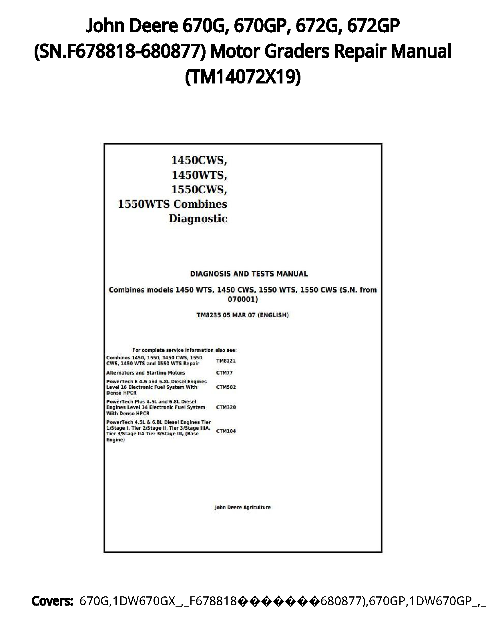 John Deere 670G  670GP  672G  672GP (SN.F678818-680877) Motor Graders Repair Manual - TM14072X19