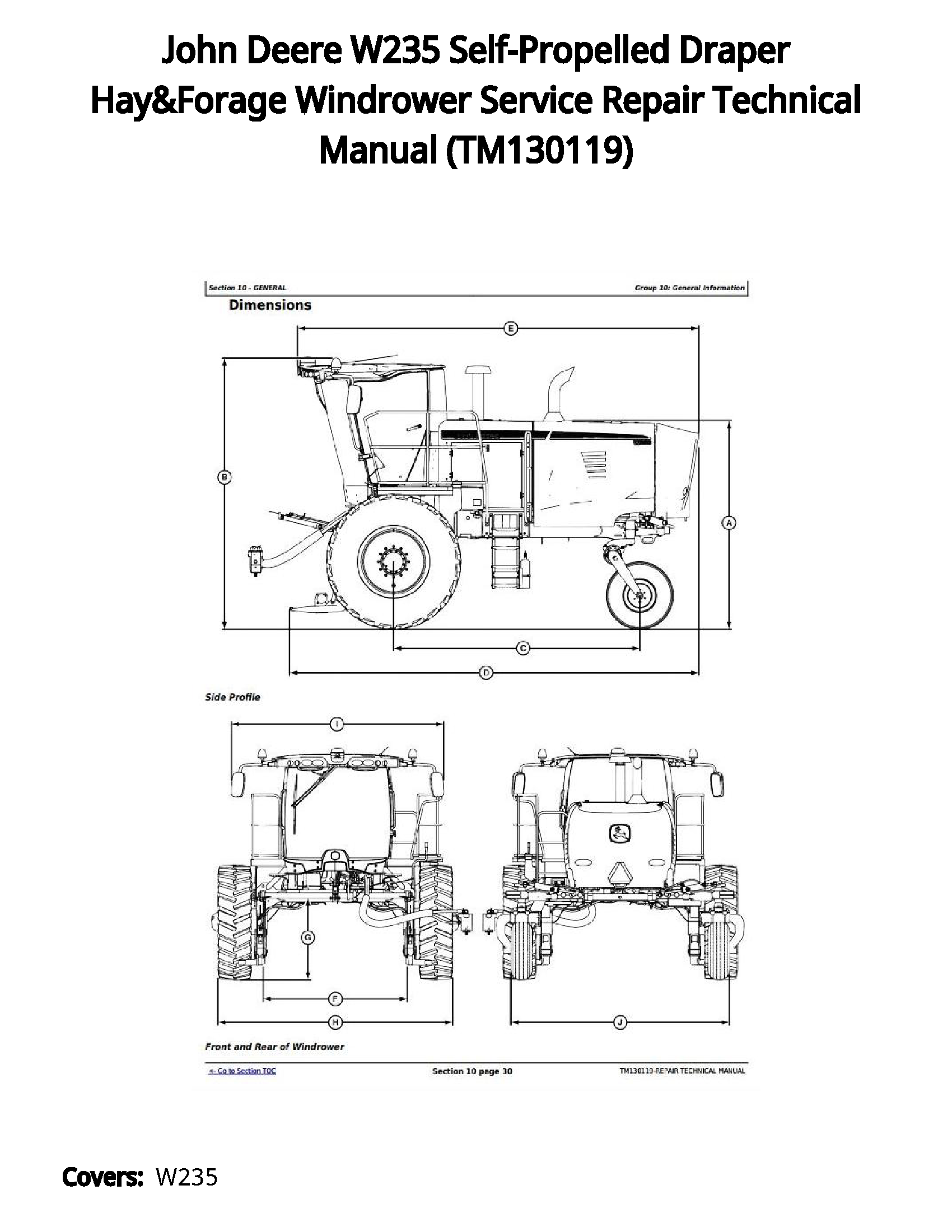 John Deere W235 Self-Propelled Draper Hay&Forage Windrower Service Repair Technical Manual - TM130119