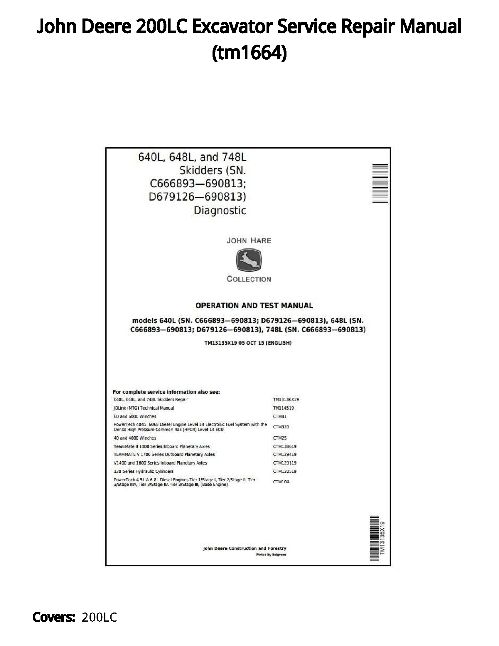 John Deere 200LC Excavator Service Repair Manual - tm1664