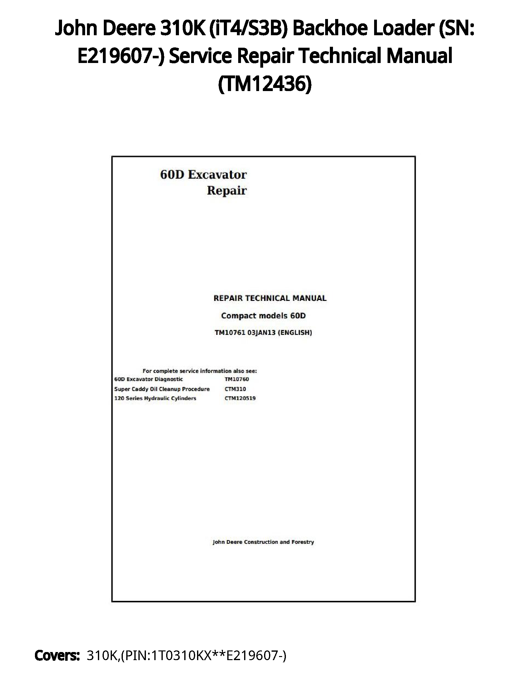 John Deere 310K (iT4/S3B) Backhoe Loader (SN: E219607-) Service Repair Technical Manual - TM12436