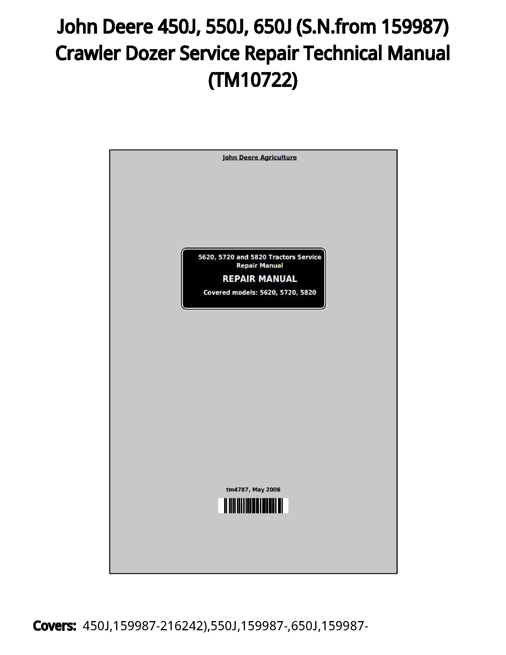 John Deere 450J  550J  650J (S.N.from 159987) Crawler Dozer Service Repair Technical Manual - TM10722