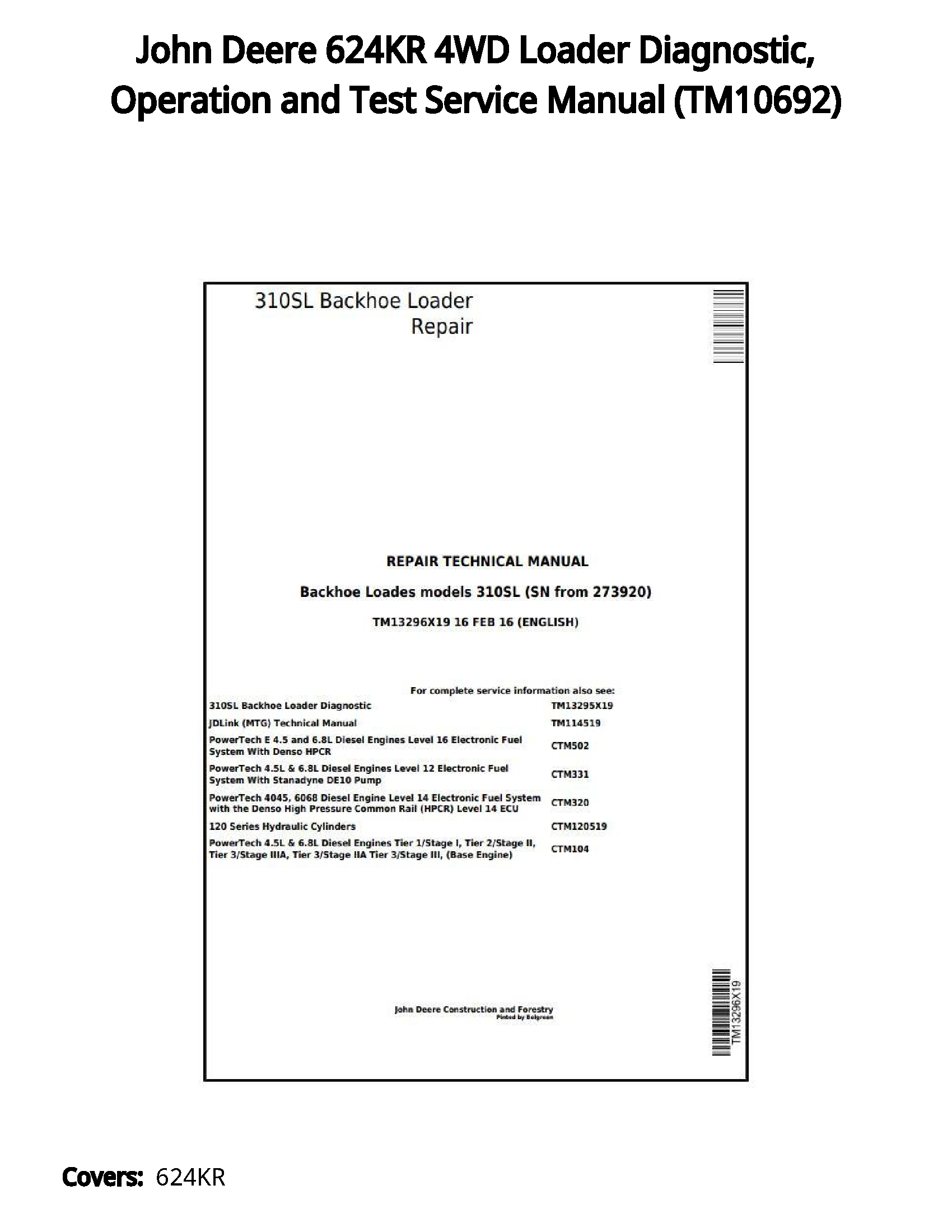 John Deere 624KR 4WD Loader Diagnostic  Operation and Test Service Manual - TM10692