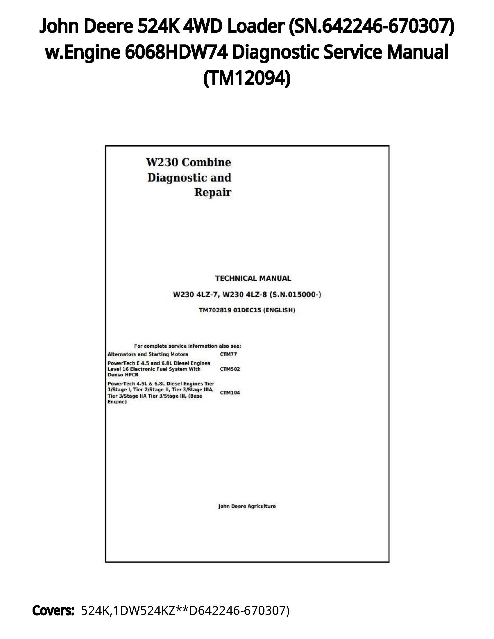 John Deere 524K 4WD Loader (SN.642246-670307) w.Engine 6068HDW74 Diagnostic Service Manual - TM12094