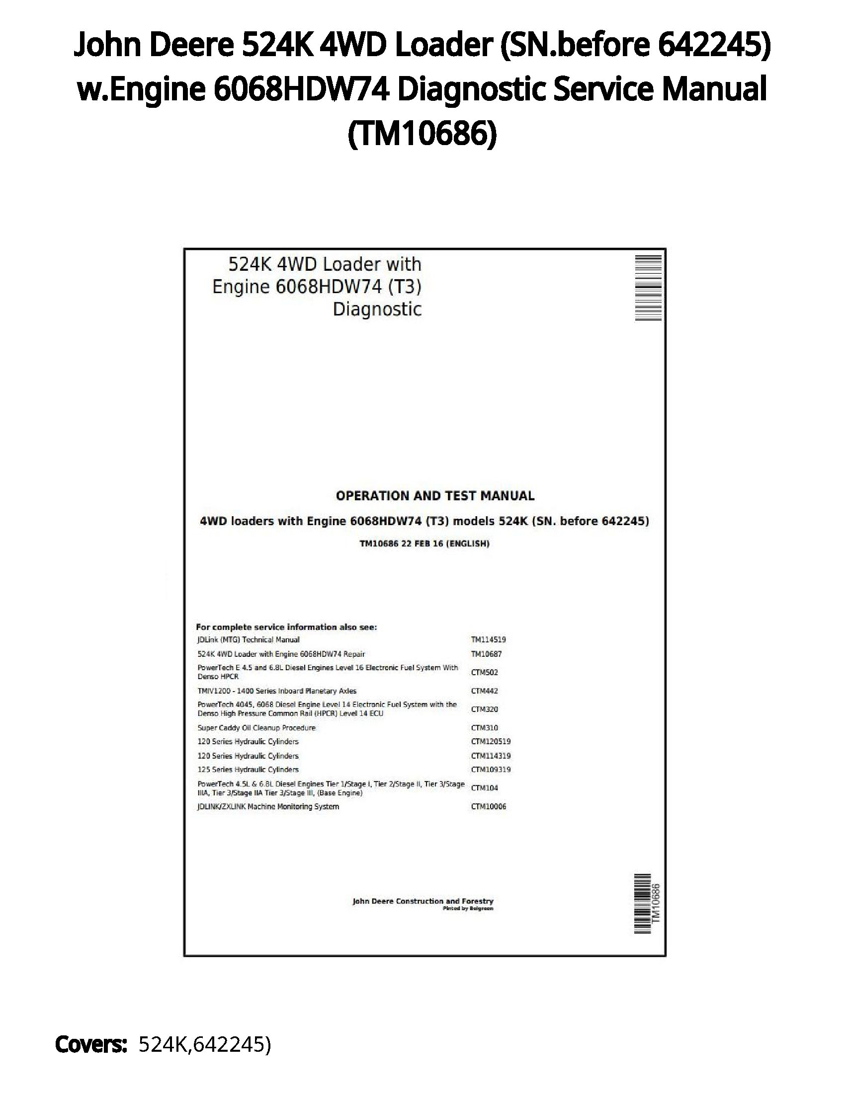 John Deere 524K 4WD Loader (SN.before 642245) w.Engine 6068HDW74 Diagnostic Service Manual - TM10686