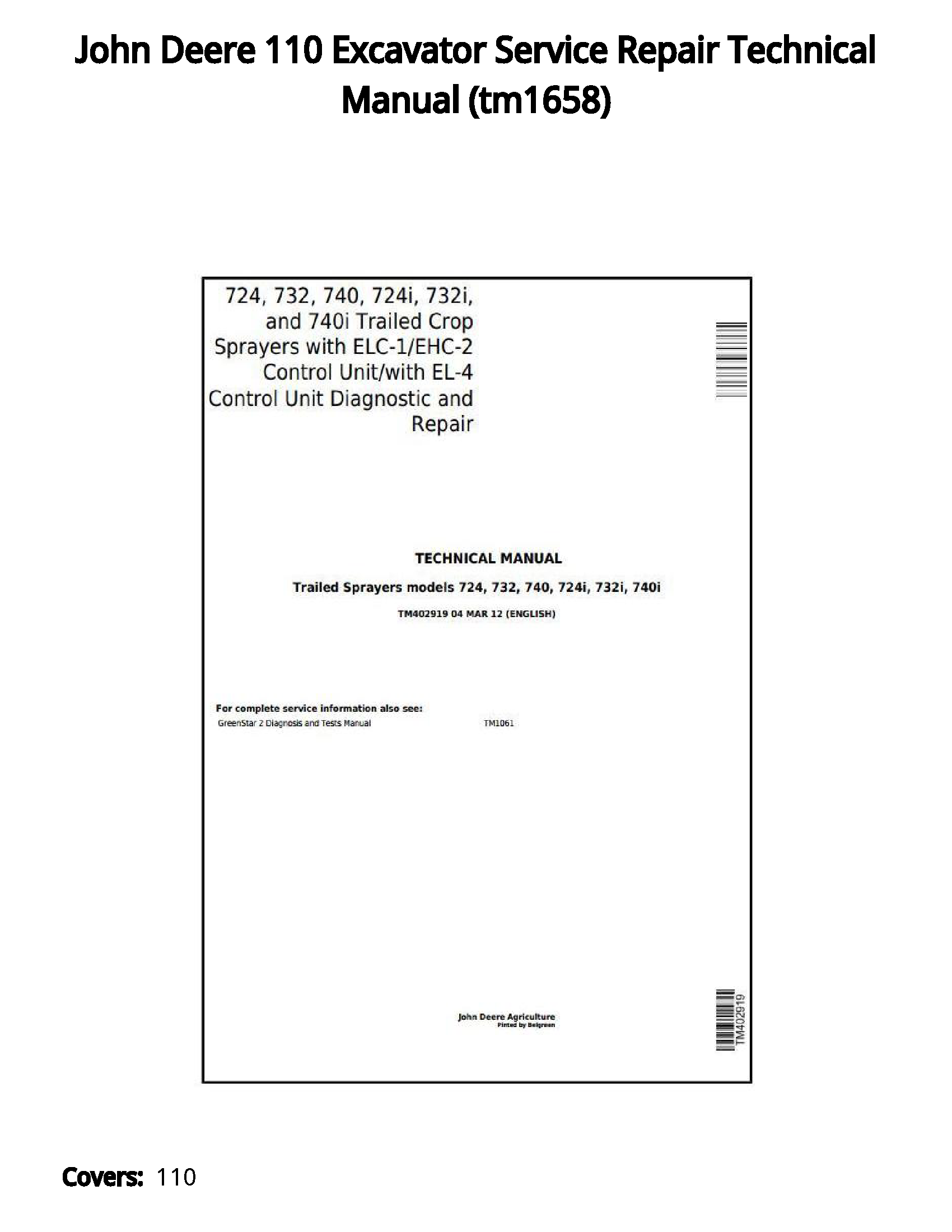 John Deere 110 Excavator Service Repair Technical Manual - tm1658