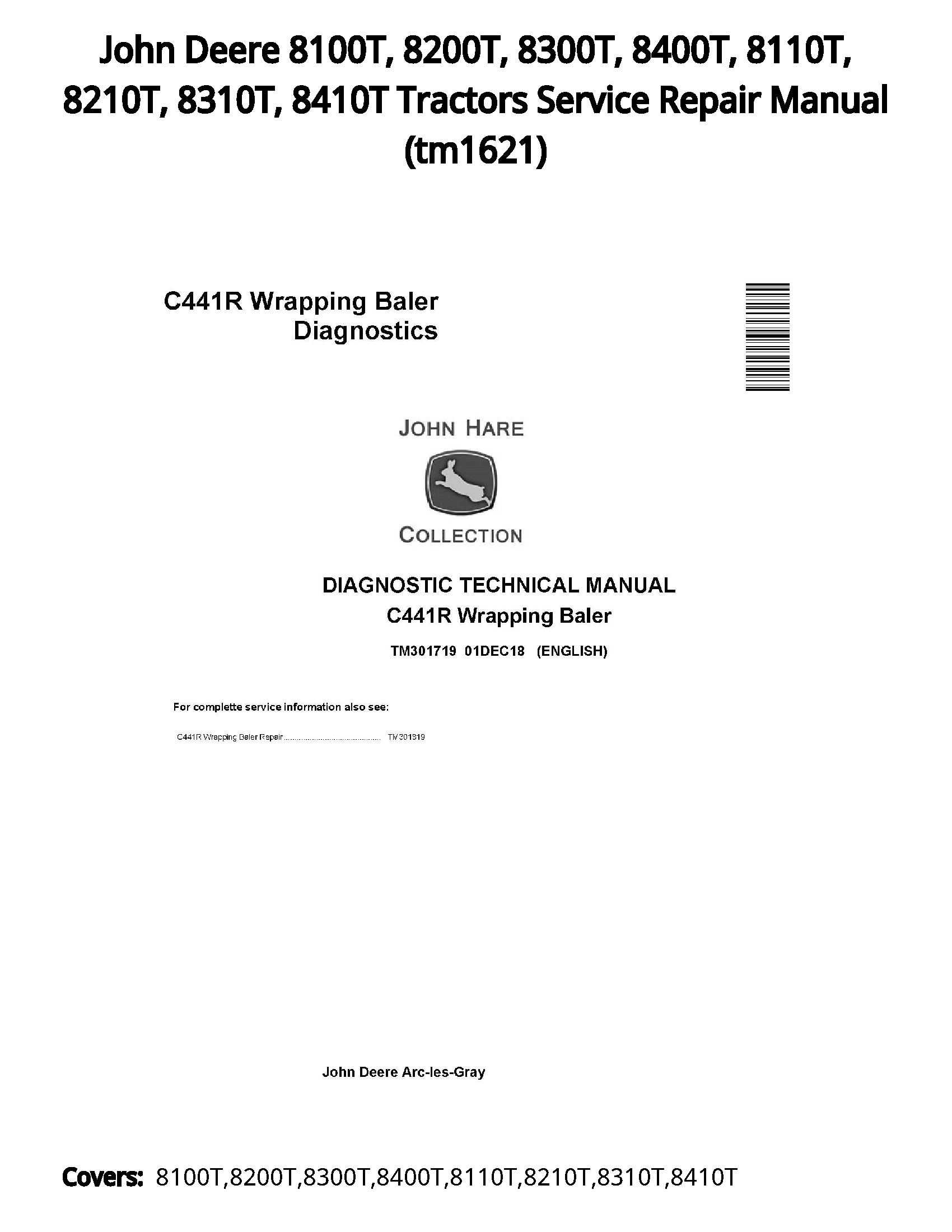 John Deere 8100T  8200T  8300T  8400T  8110T  8210T  8310T  8410T Tractors Service Repair Manual - tm1621