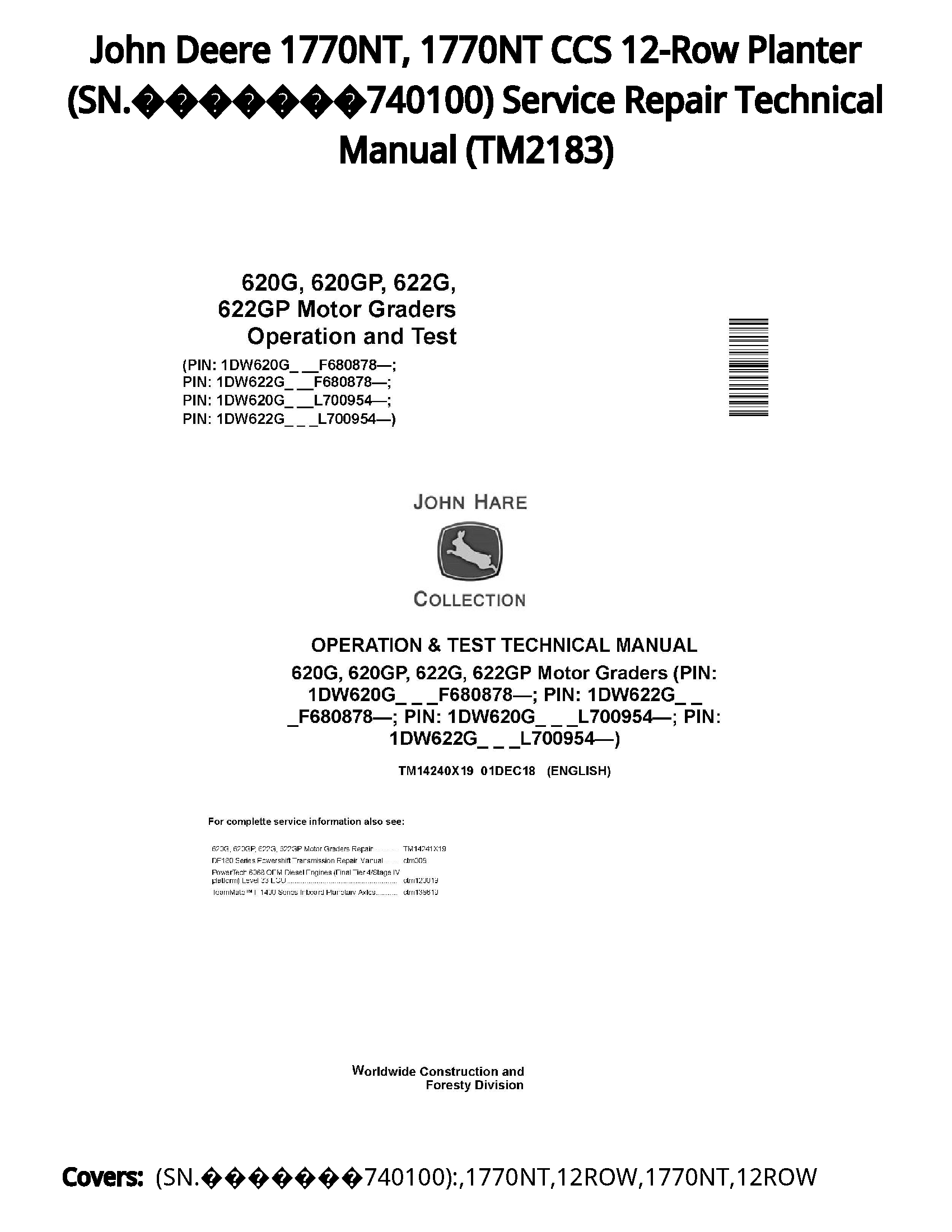 John Deere 1770NT  1770NT CCS 12-Row Planter (SN.???????740100) Service Repair Technical Manual - TM2183