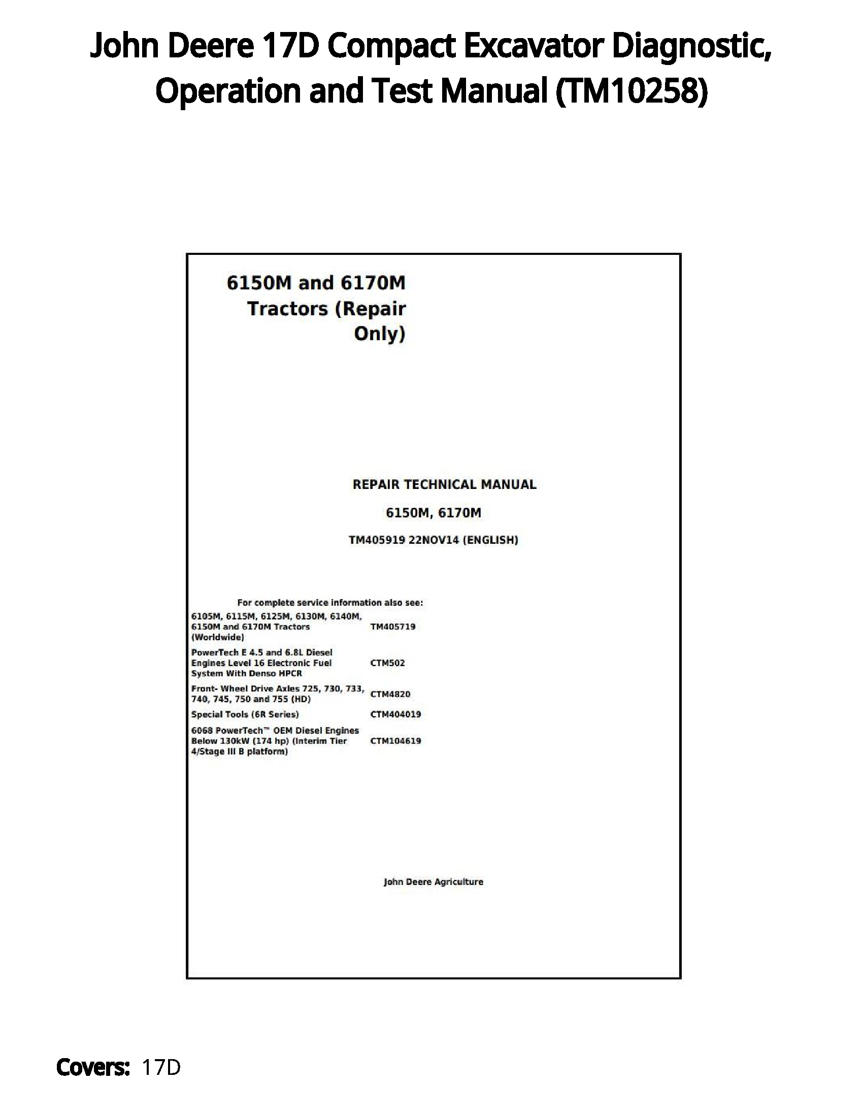 John Deere 17D Compact Excavator Diagnostic  Operation and Test Manual - TM10258