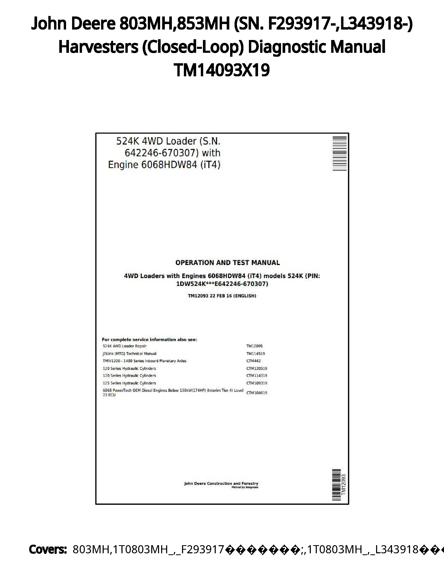 John Deere 803MH 853MH (SN. F293917- L343918-) Harvesters (Closed-Loop) Diagnostic Manual TM14093X19