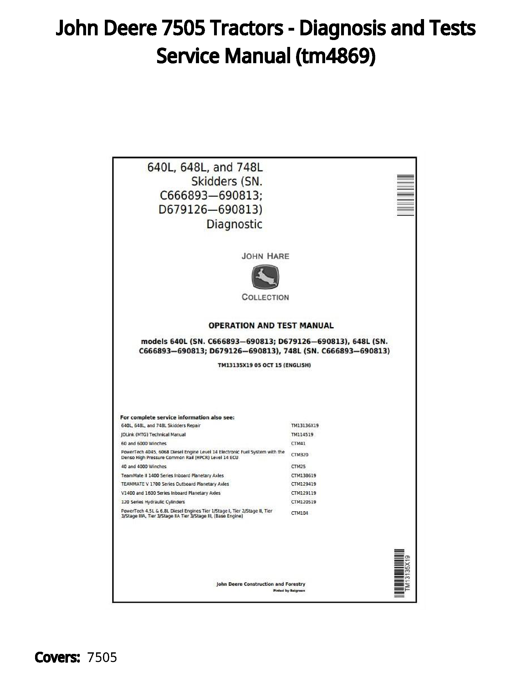 John Deere 7505 Tractors - Diagnosis and Tests Service Manual - tm4869