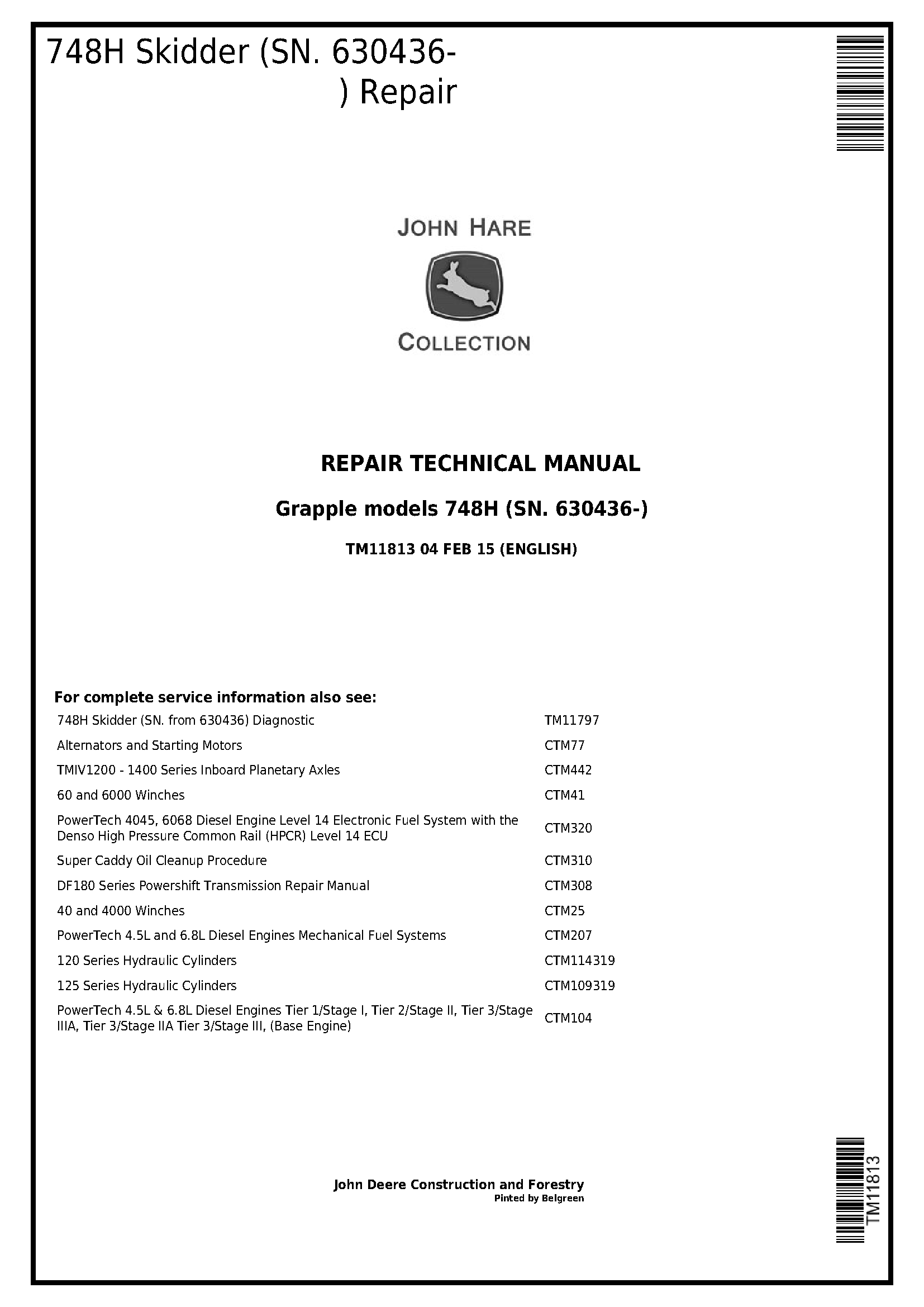 John Deere 748H (SN. 630436-) Grapple Skidder Service Repair Technical Manual - TM11813