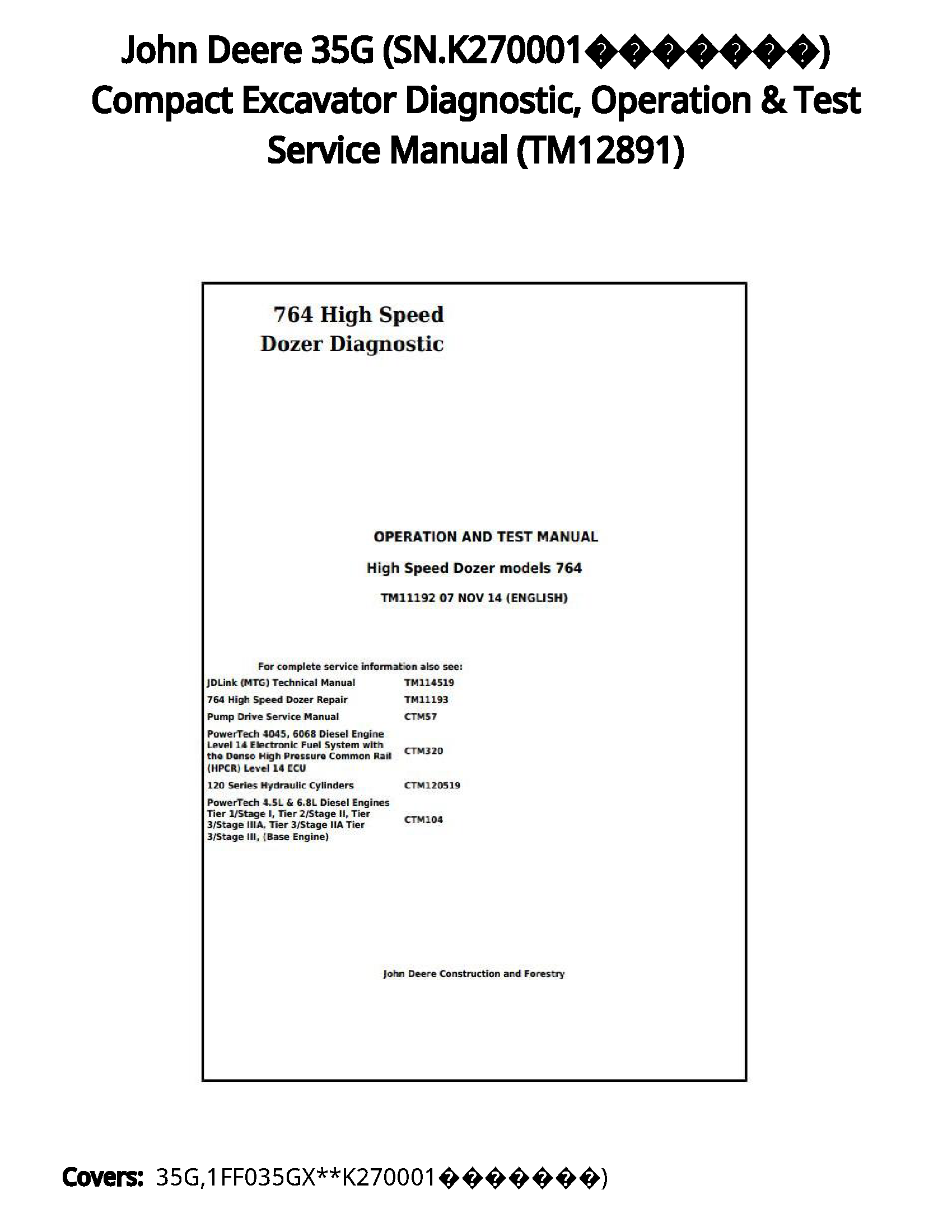 John Deere 35G (SN.K270001???????) Compact Excavator Diagnostic  Operation & Test Service Manual - TM12891