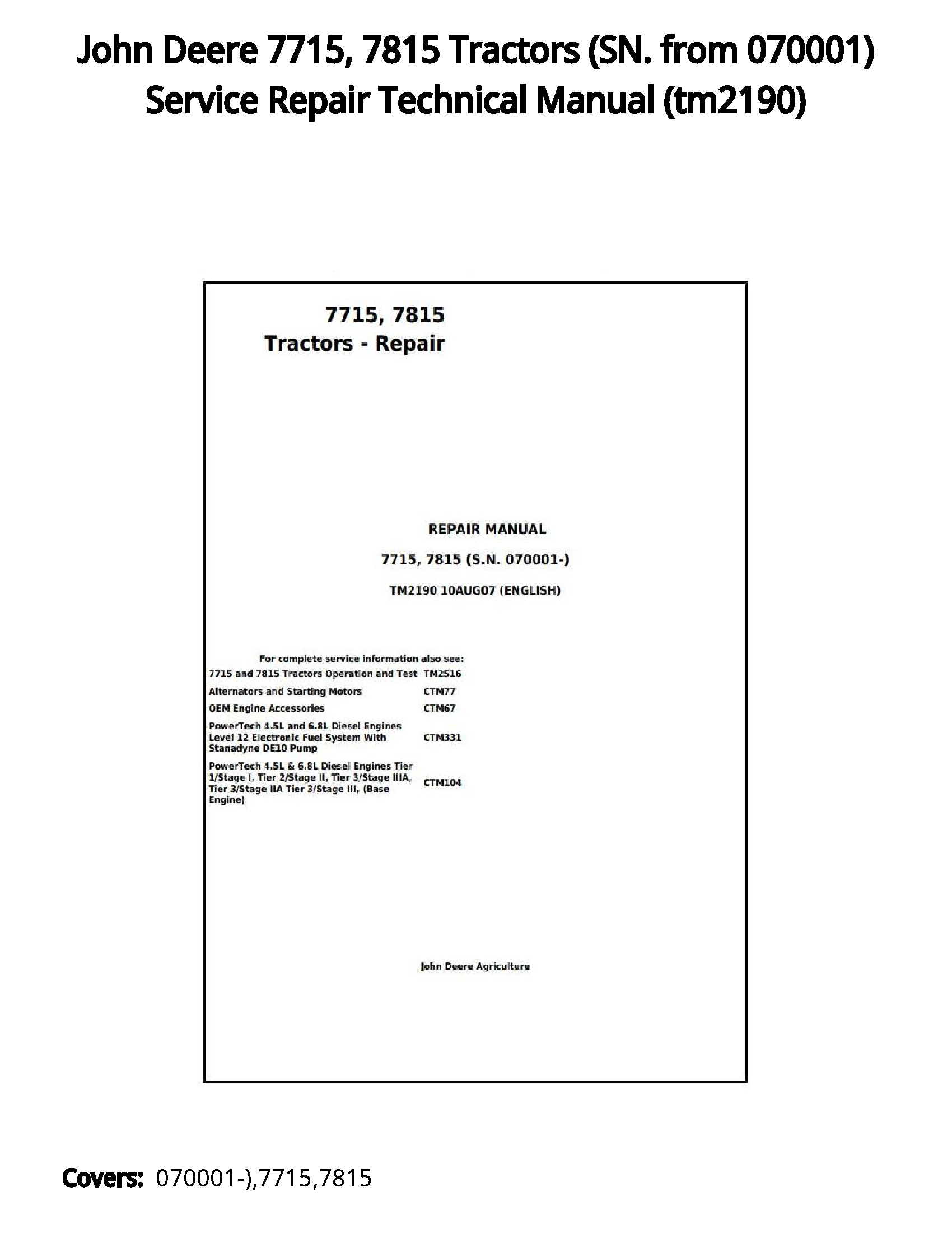 John Deere 7715  7815 Tractors (SN. from 070001) Service Repair Technical Manual - tm2190