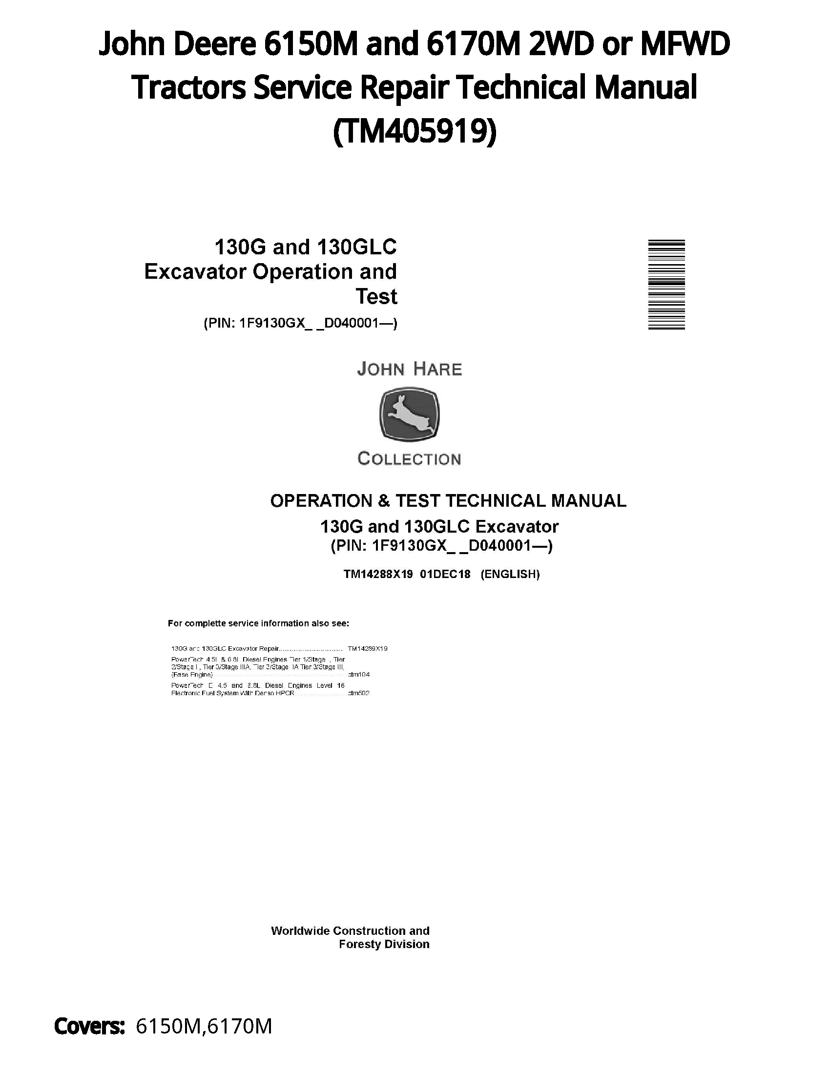 John Deere 6150M and 6170M 2WD or MFWD Tractors Service Repair Technical Manual - TM405919