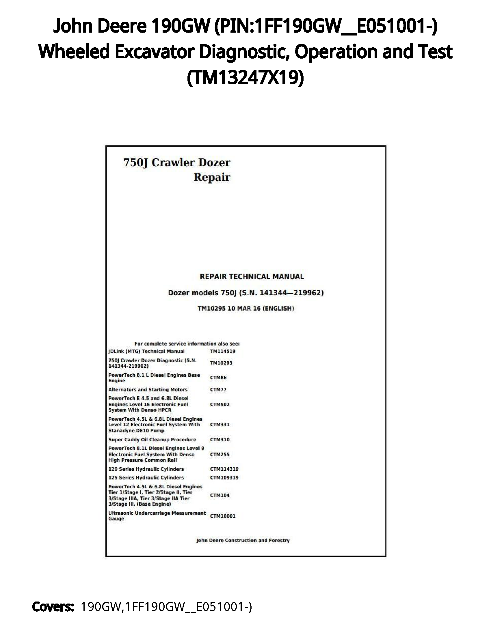 John Deere 190GW (PIN:1FF190GW__E051001-) Wheeled Excavator Diagnostic  Operation and Test - TM13247X19