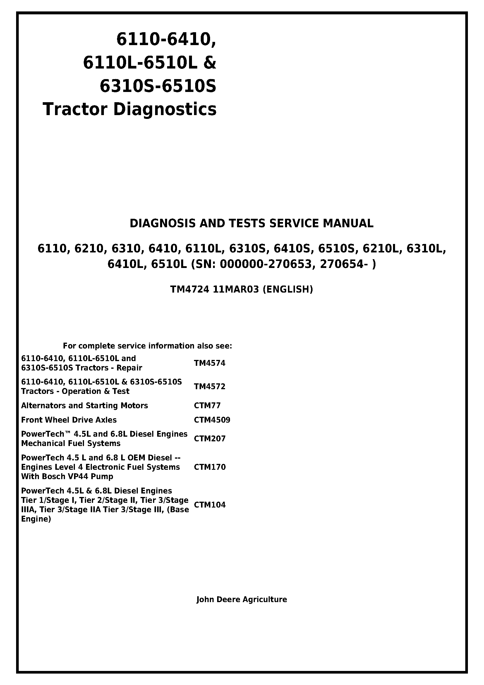 John Deere 6110  6210  6310  6410  6110L-6510L  6310S-6510S Tractors Diagnostic Service Manual - tm4724