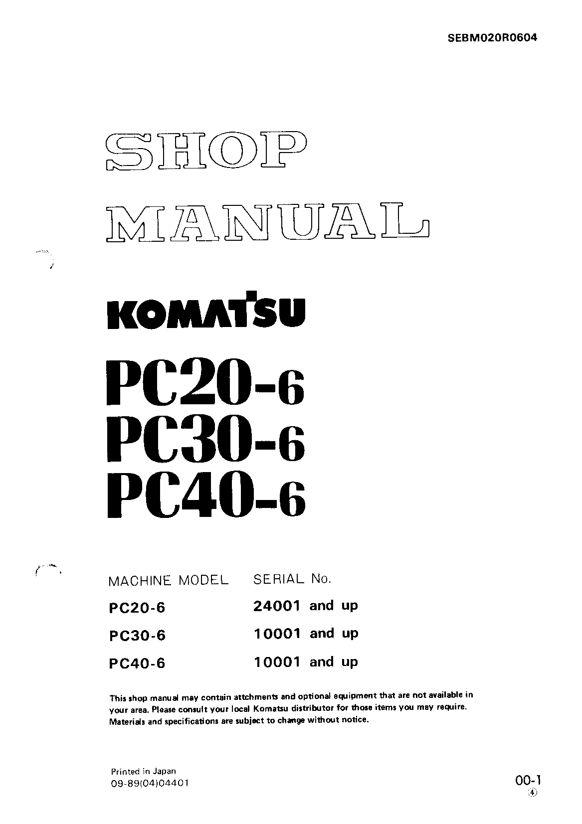 Komatsu PC20-6 PC30-6 PC40-6 Hydraulic Excavator Service Repair Manual (S/N: 24001 and up   10001 and up)