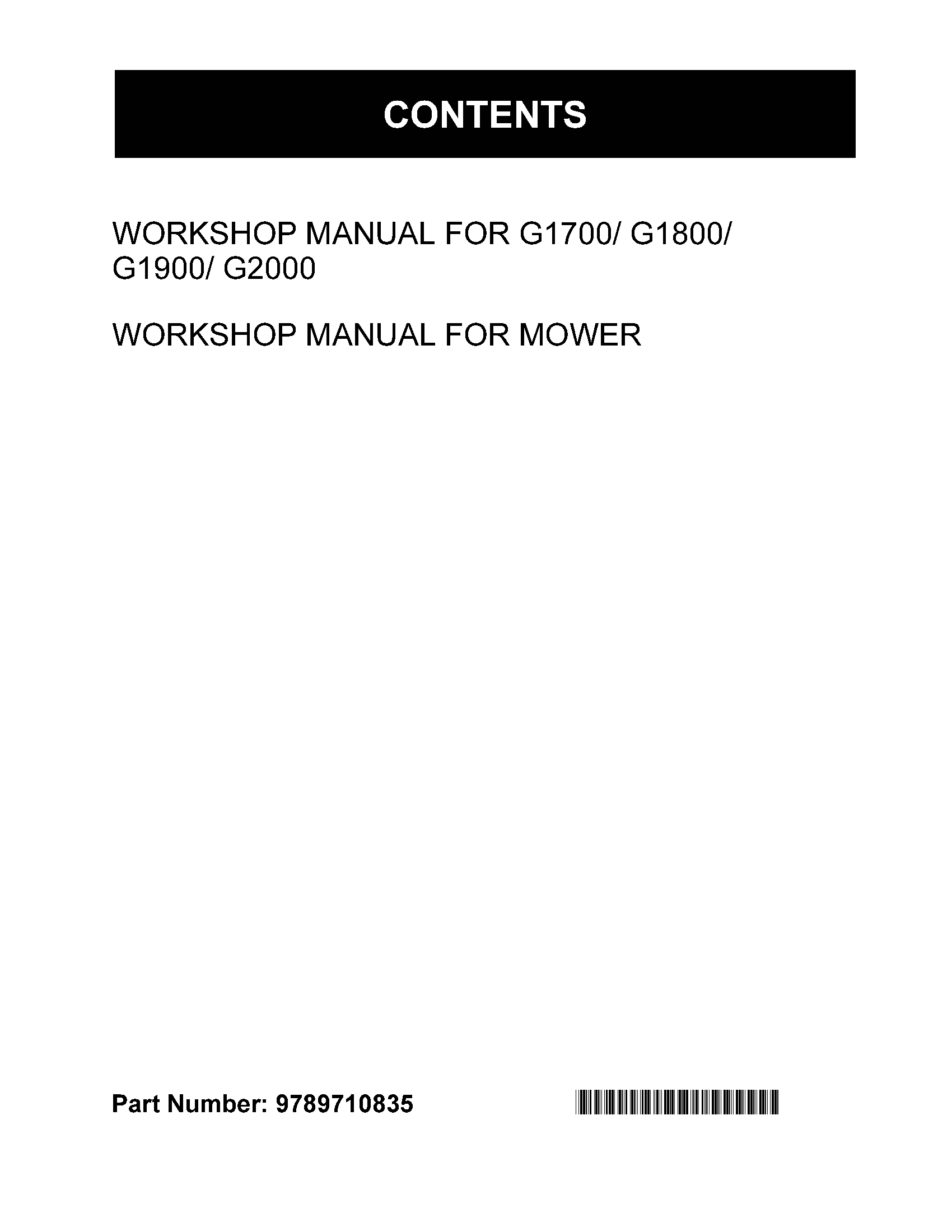 Kubota WSM G1700 G1800 G1900 G2000 Lawn Mowers Service Repair Workshop Manual(Part Number: 9789710835)