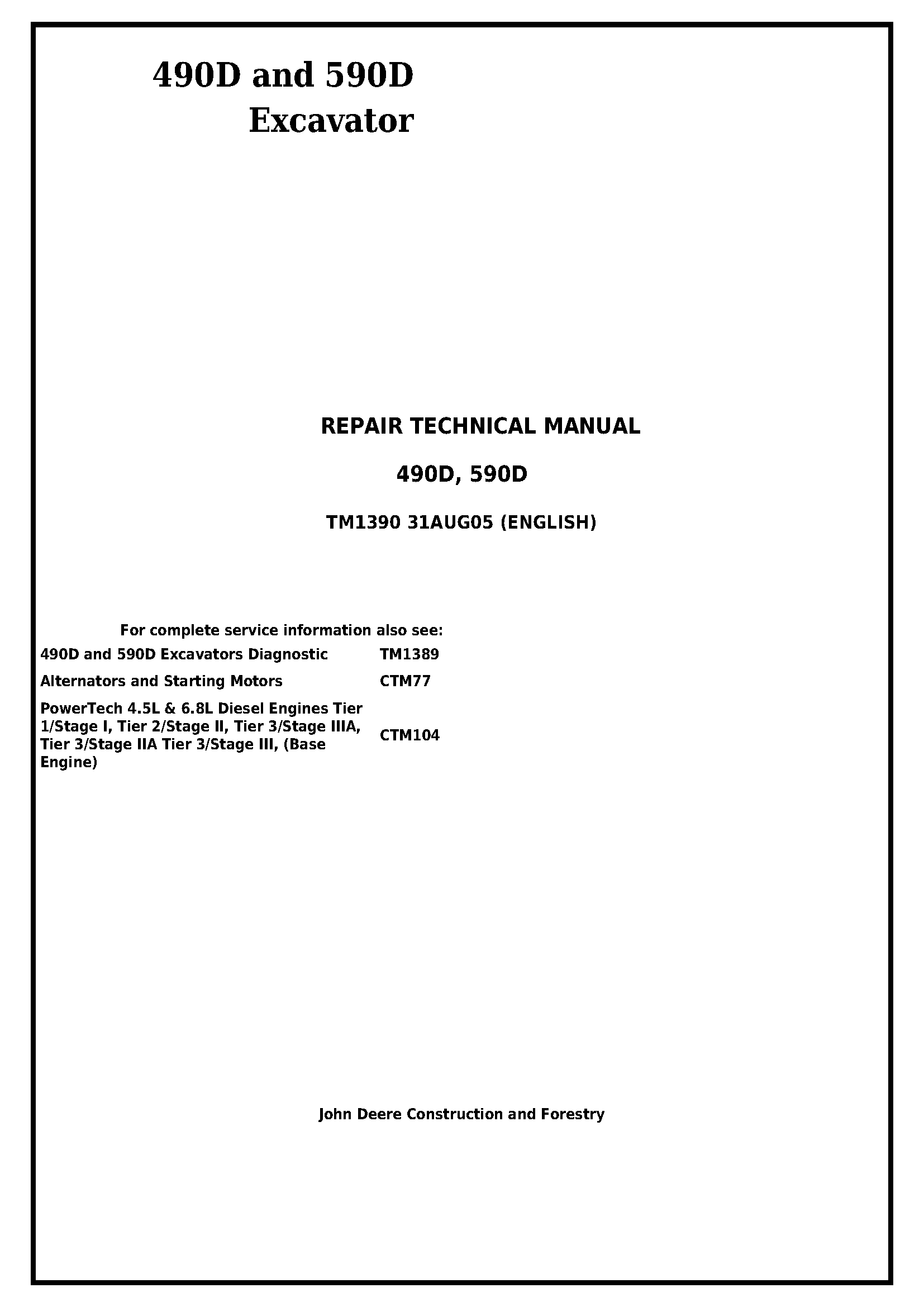 John Deere 490D and 590D Excavator Service Repair Technical Manual - tm1390