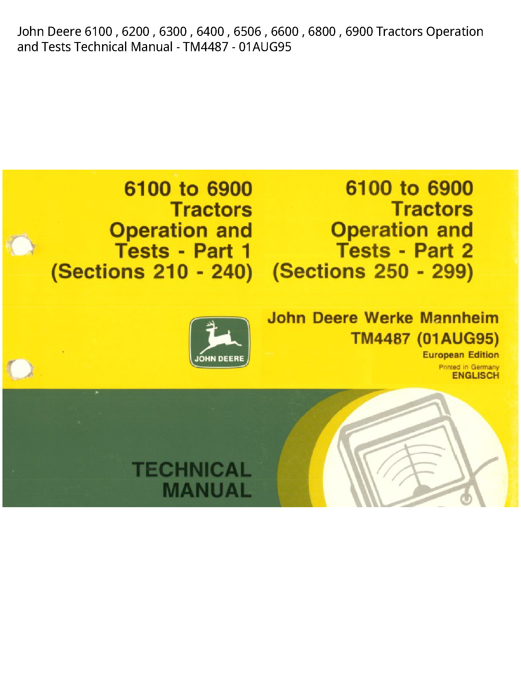 John Deere 6100   6200   6300   6400   6506   6600   6800   6900 Tractors Operation and Tests Technical Manual - TM4487 - 01AUG95