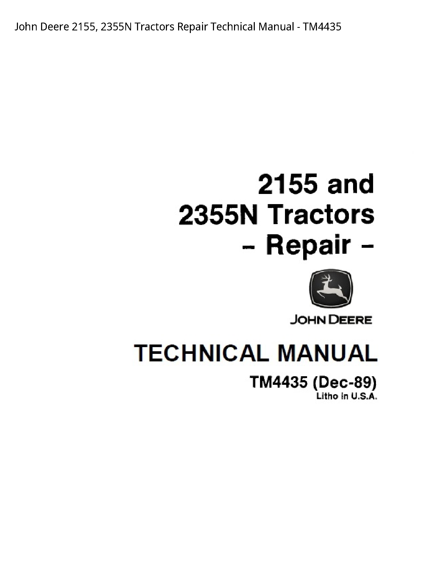 John Deere 2155  2355N Tractors Repair Technical Manual - TM4435