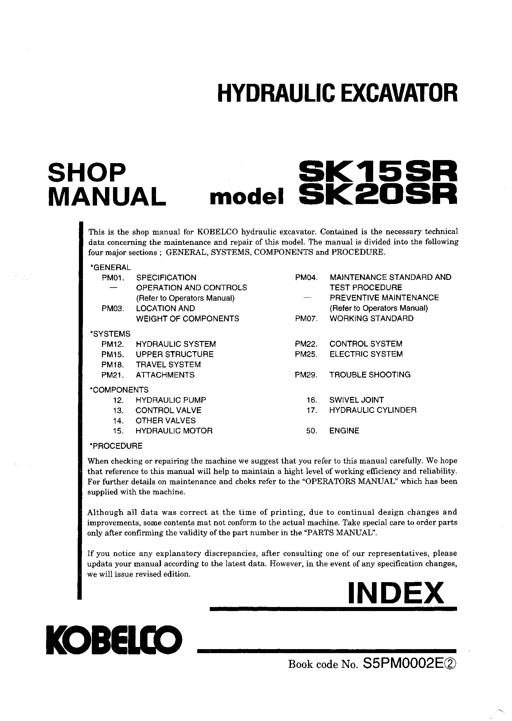 Kobelco SK15SR SK20SR Hydraulic Excavator Service Manual