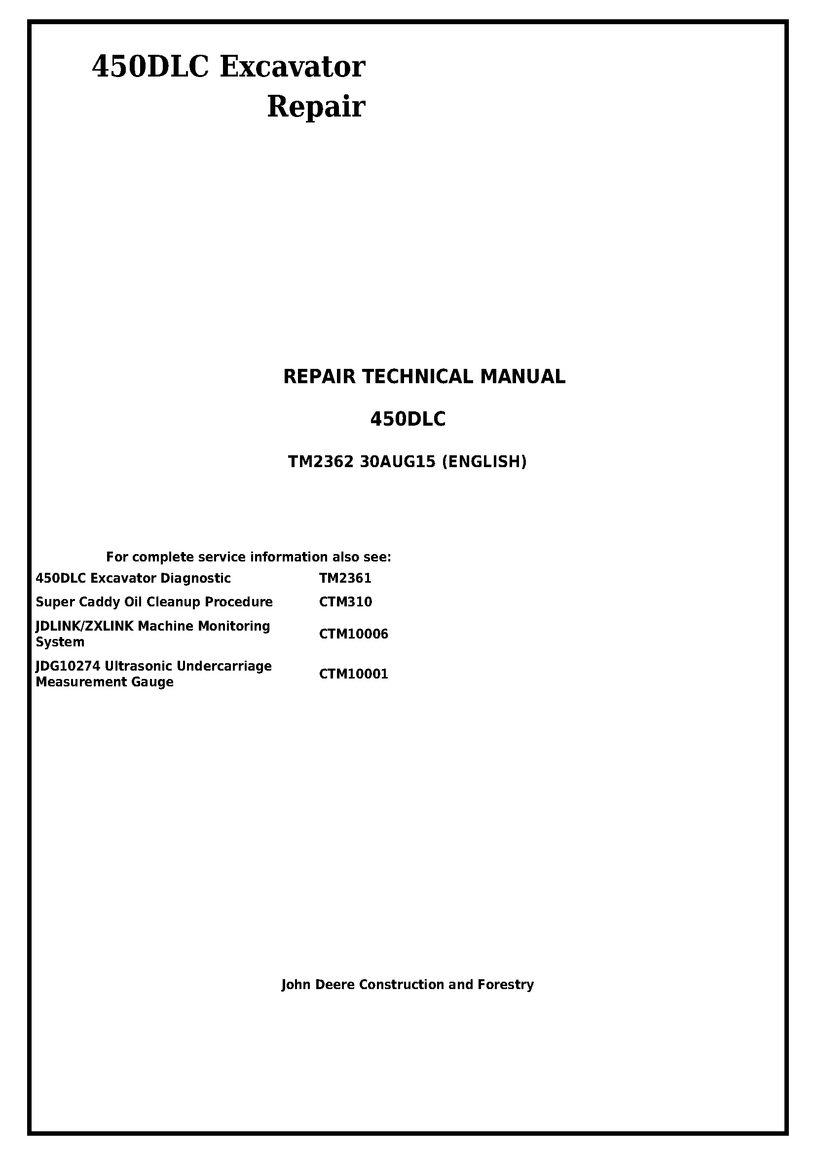 John Deere 450DLC Excavator Service Repair Technical Manual - TM2362