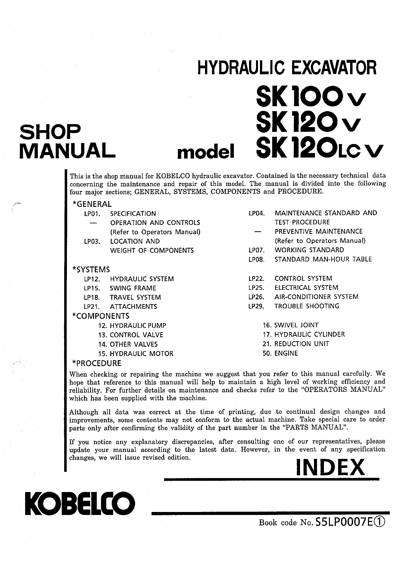 Kobelco SK100v SK120v SK120LCV Hydraulic Excavator Service Manual