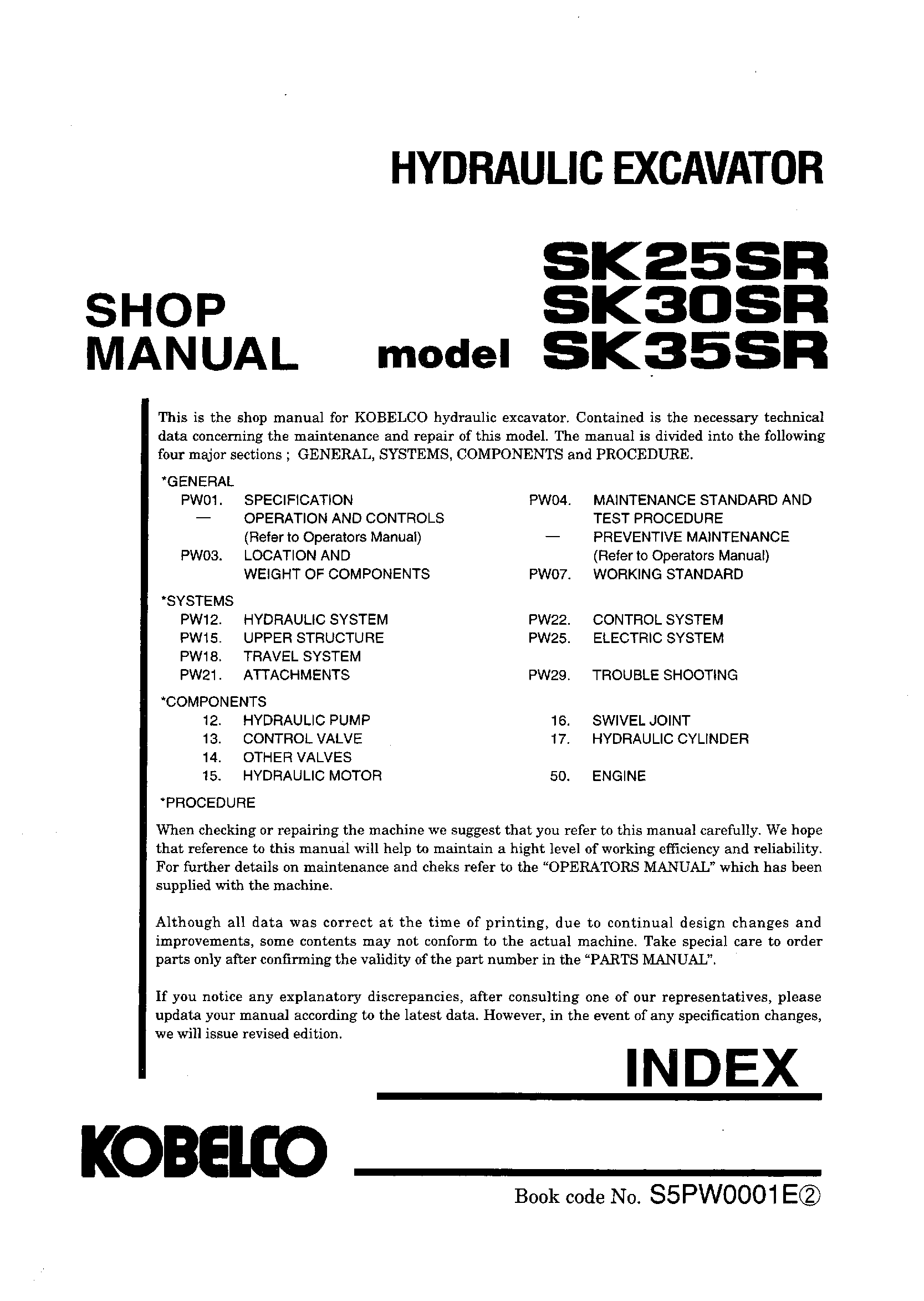 Kobelco SK25SR SK30SR SK35SR Hydraulic Excavator Service Manual