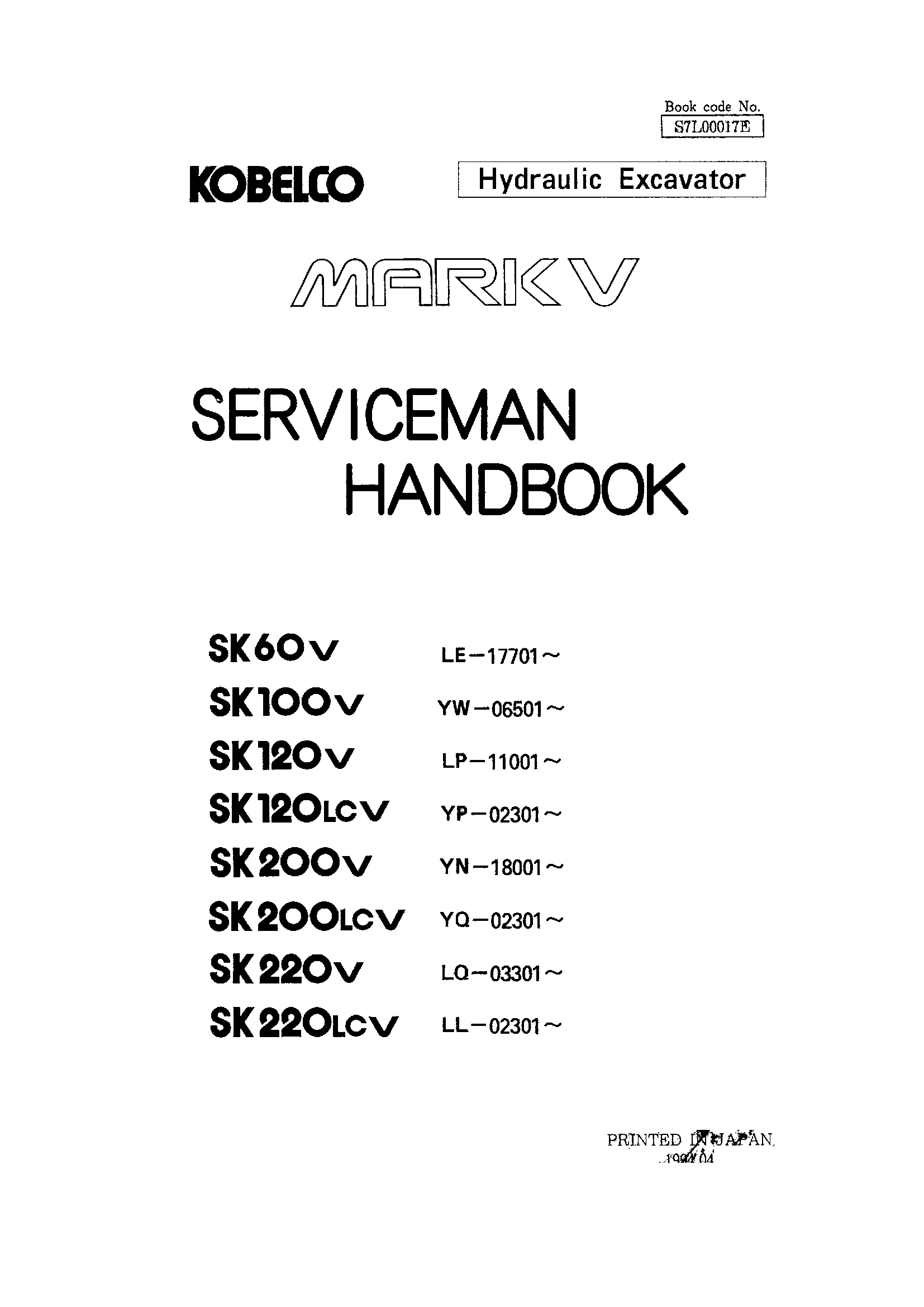 Kobelco Mark 5 Series Excavators Service Manual