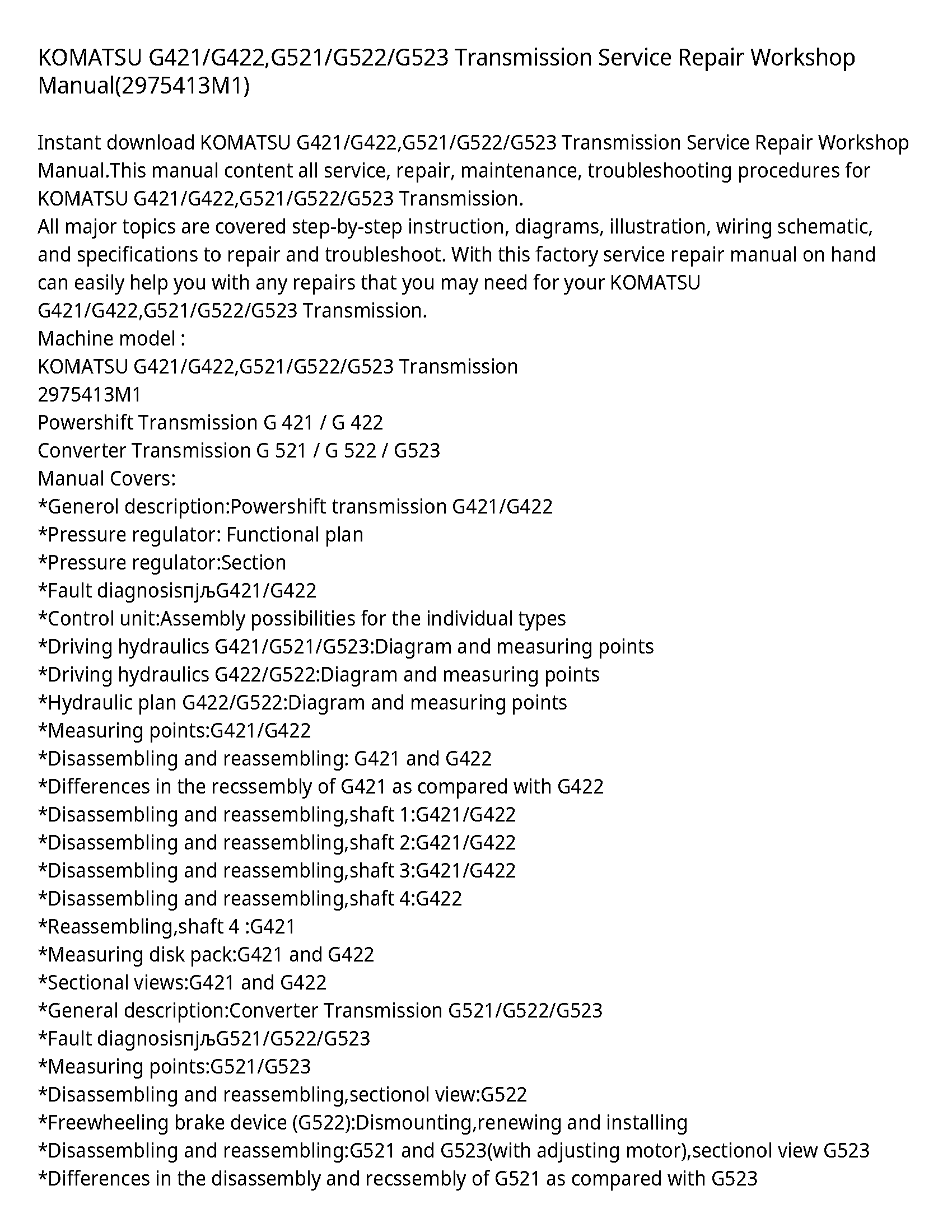 KOMATSU G421/G422 G521/G522/G523 Transmission Service Repair Workshop Manual(2975413M1)