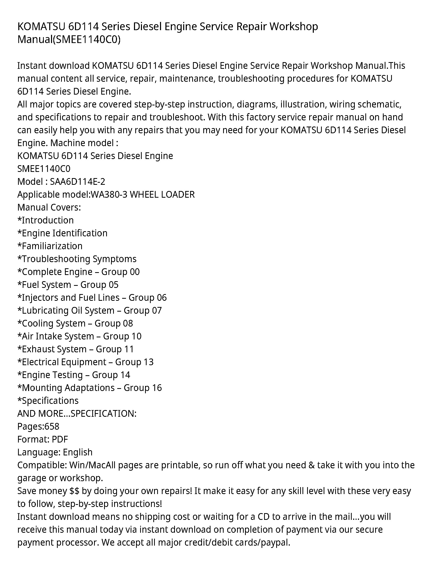 KOMATSU 6D114 Series Diesel Engine Service Repair Workshop Manual(SMEE1140C0)