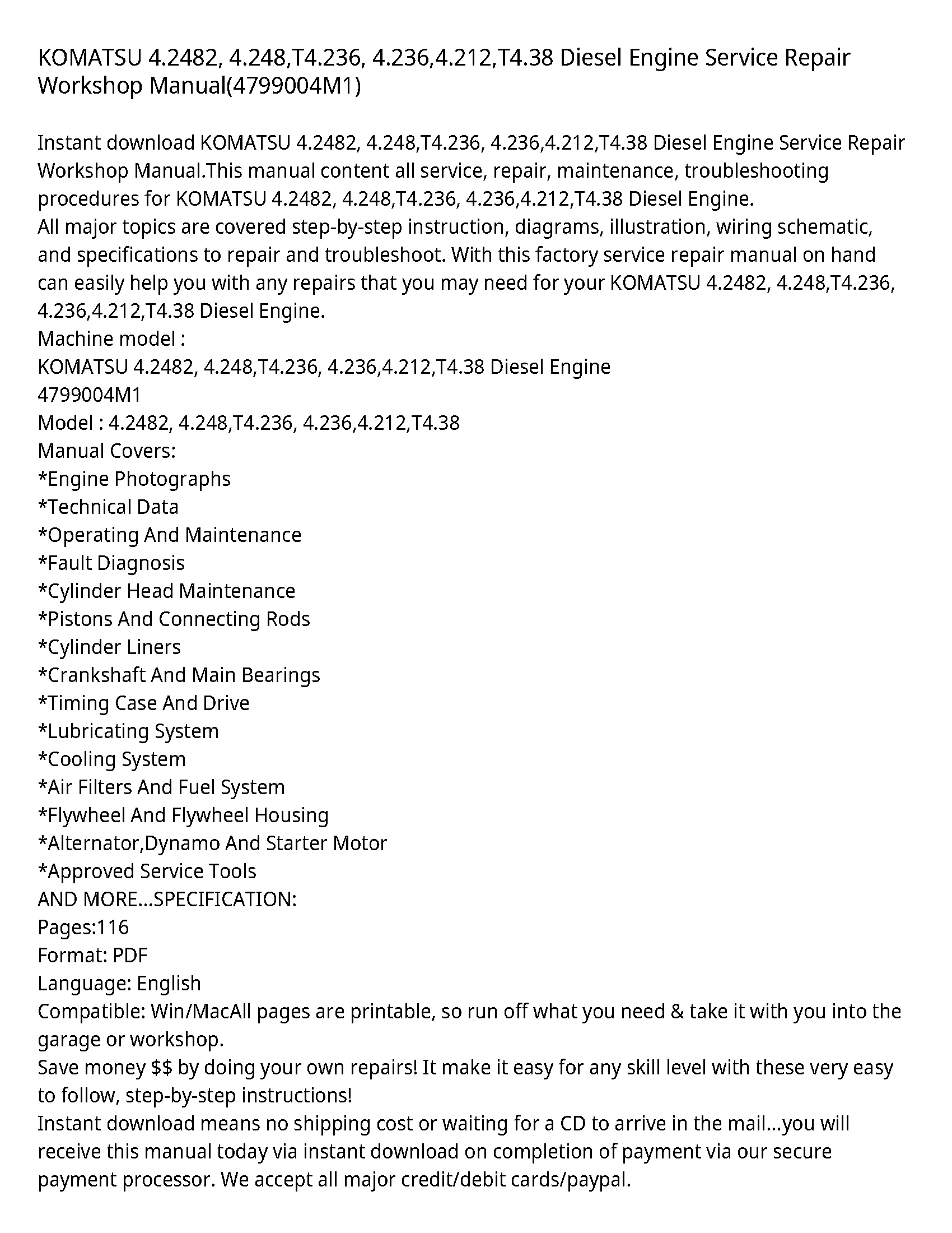 KOMATSU 4.2482  4.248 T4.236  4.236 4.212 T4.38 Diesel Engine Service Repair Workshop Manual(4799004M1)